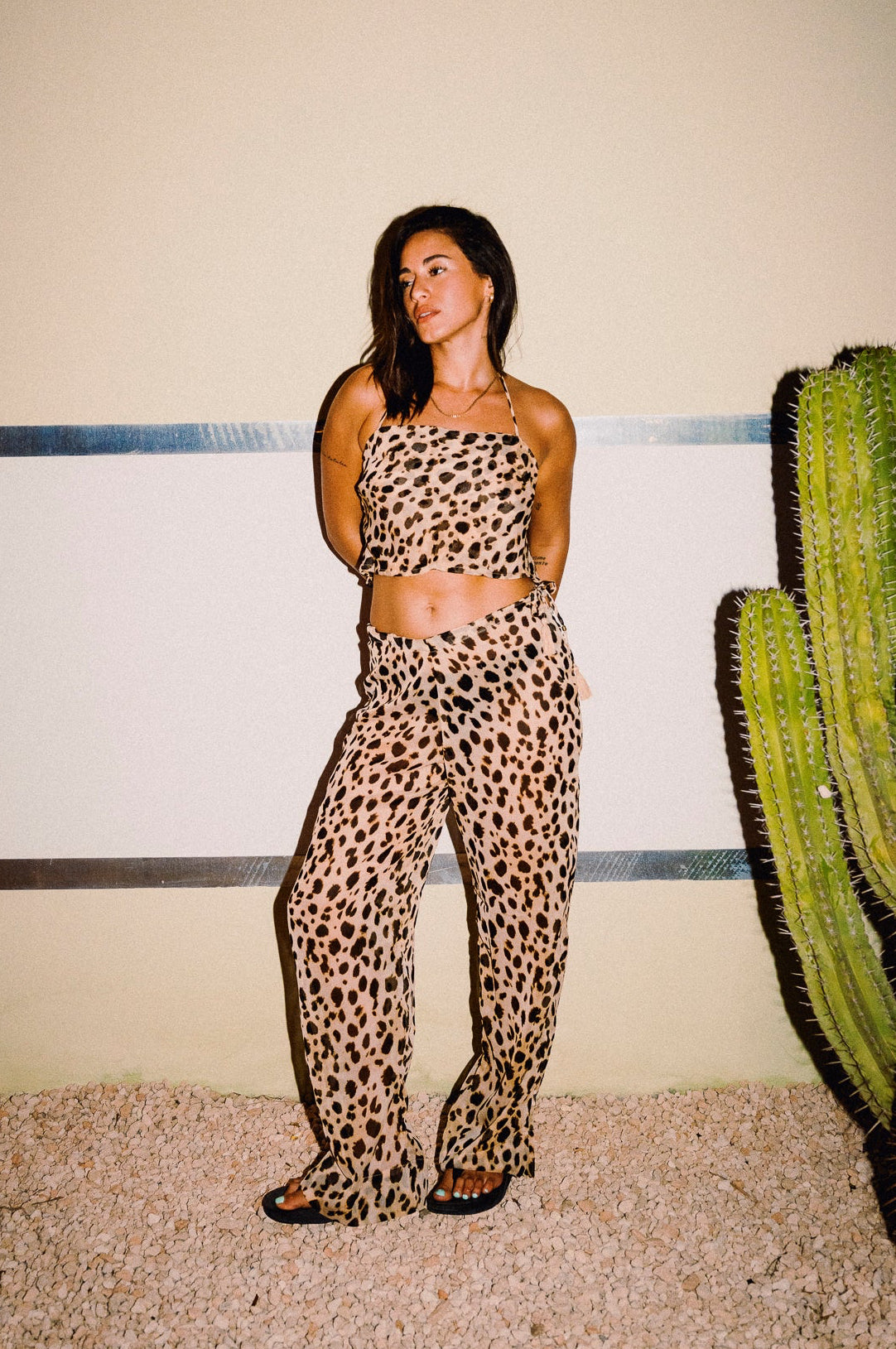 CHICHI cheetah print wide leg trousers modelled with coordinating top
