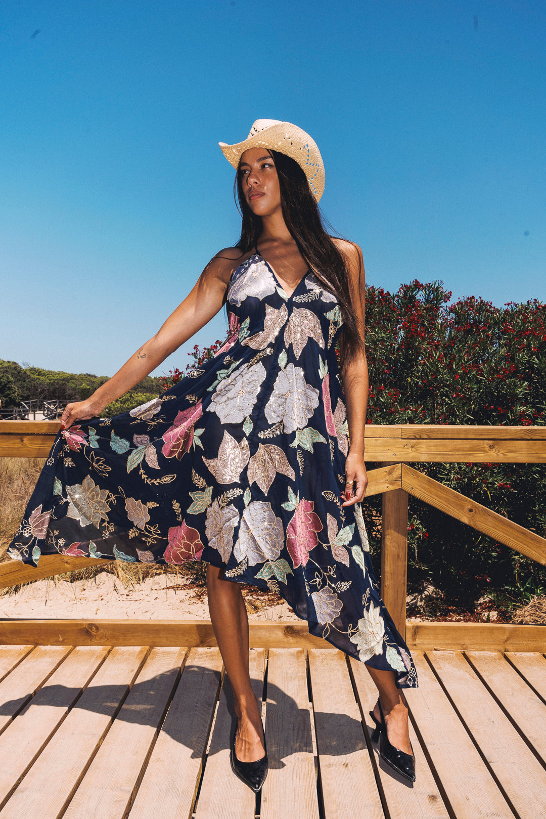 Navy Ariella Halter Neck Dress: Embroidered Floral Sequin Summer Maxi – Lightweight One Size