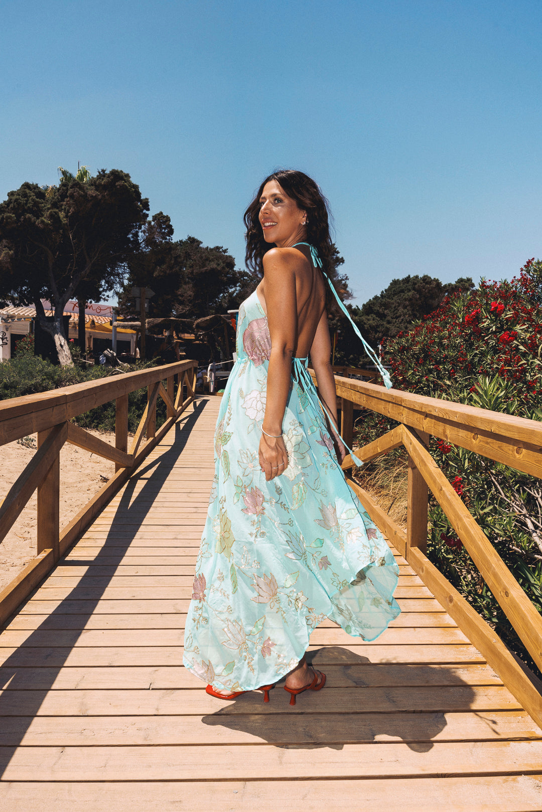 Turquoise Ariella Halter Neck Dress: Embroidered Floral Sequin Summer Maxi – Lightweight One Size
