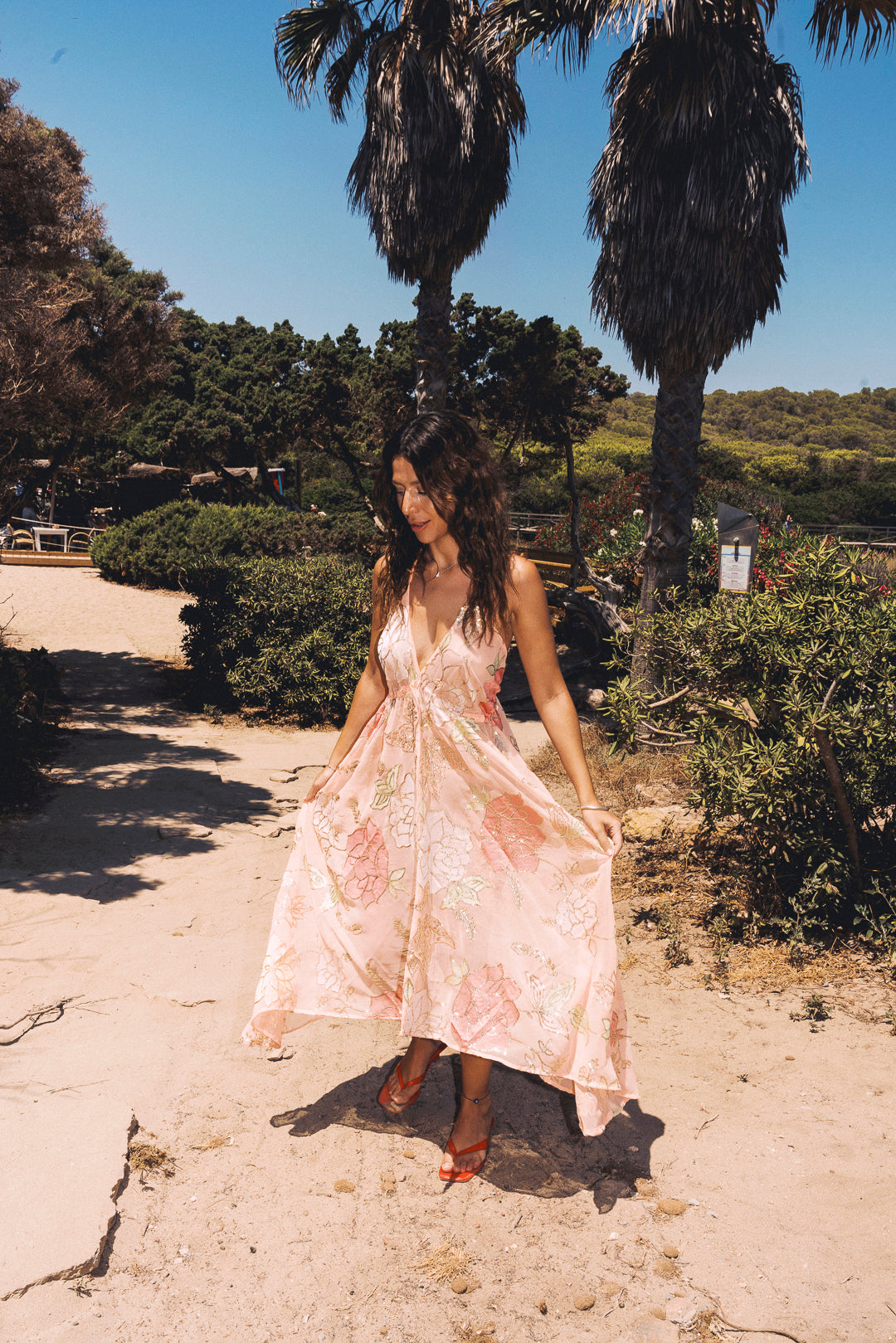 Peach Ariella Halter Neck Dress: Embroidered Floral Sequin Summer Maxi – Lightweight One Size