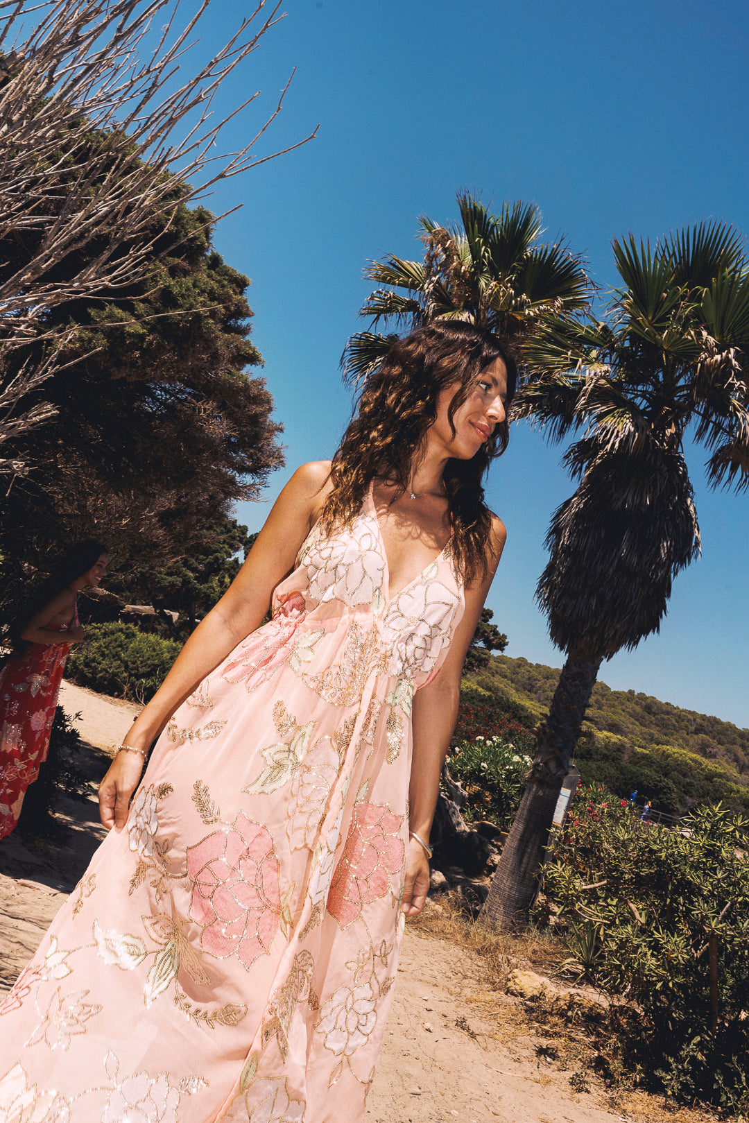 Peach Ariella Halter Neck Dress: Embroidered Floral Sequin Summer Maxi –  OOTO CLOTHING