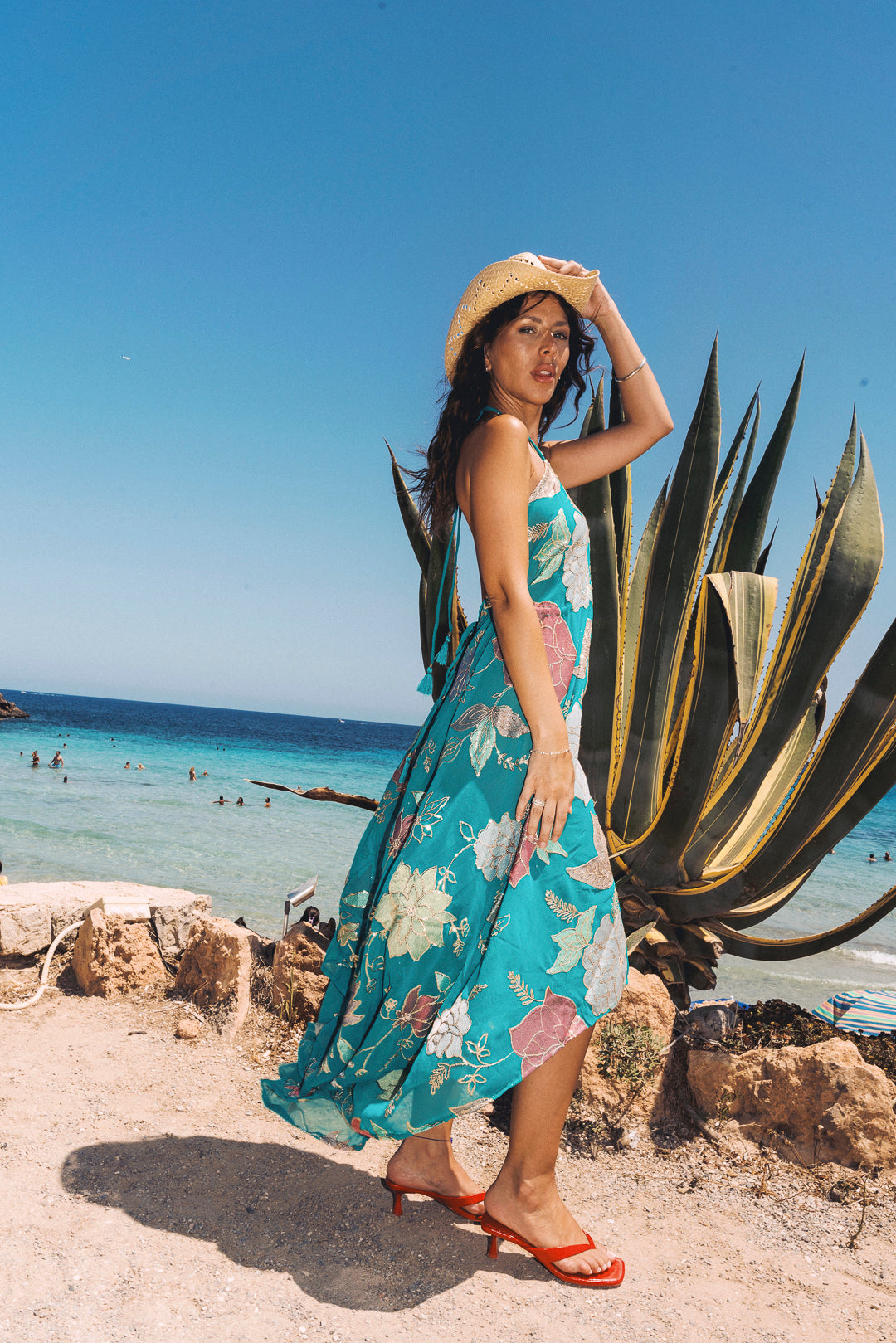 Bright Teal Ariella Halter Neck Dress: Embroidered Floral Sequin Summer Maxi – Lightweight One Size