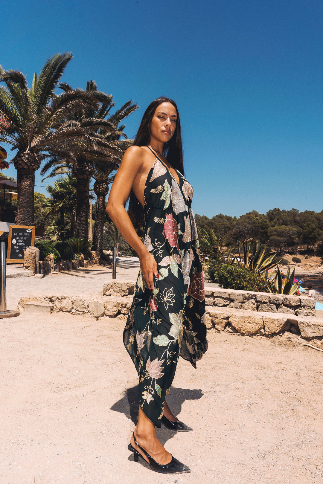 Forest Dark Green Ariella Halter Neck Dress: Embroidered Floral Sequin Summer Maxi – Lightweight One Size