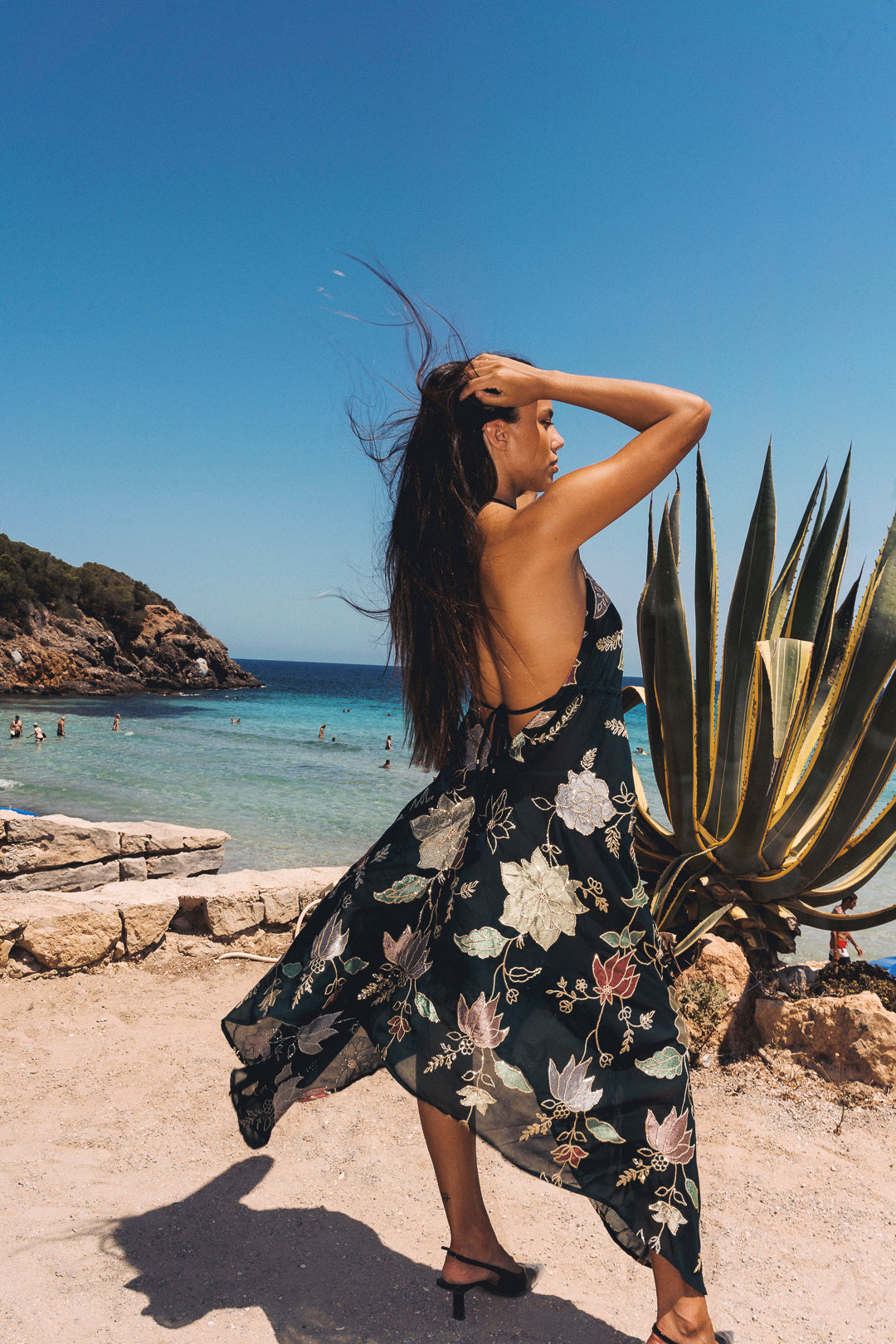 Forest Dark Green Ariella Halter Neck Dress: Embroidered Floral Sequin Summer Maxi – Lightweight One Size