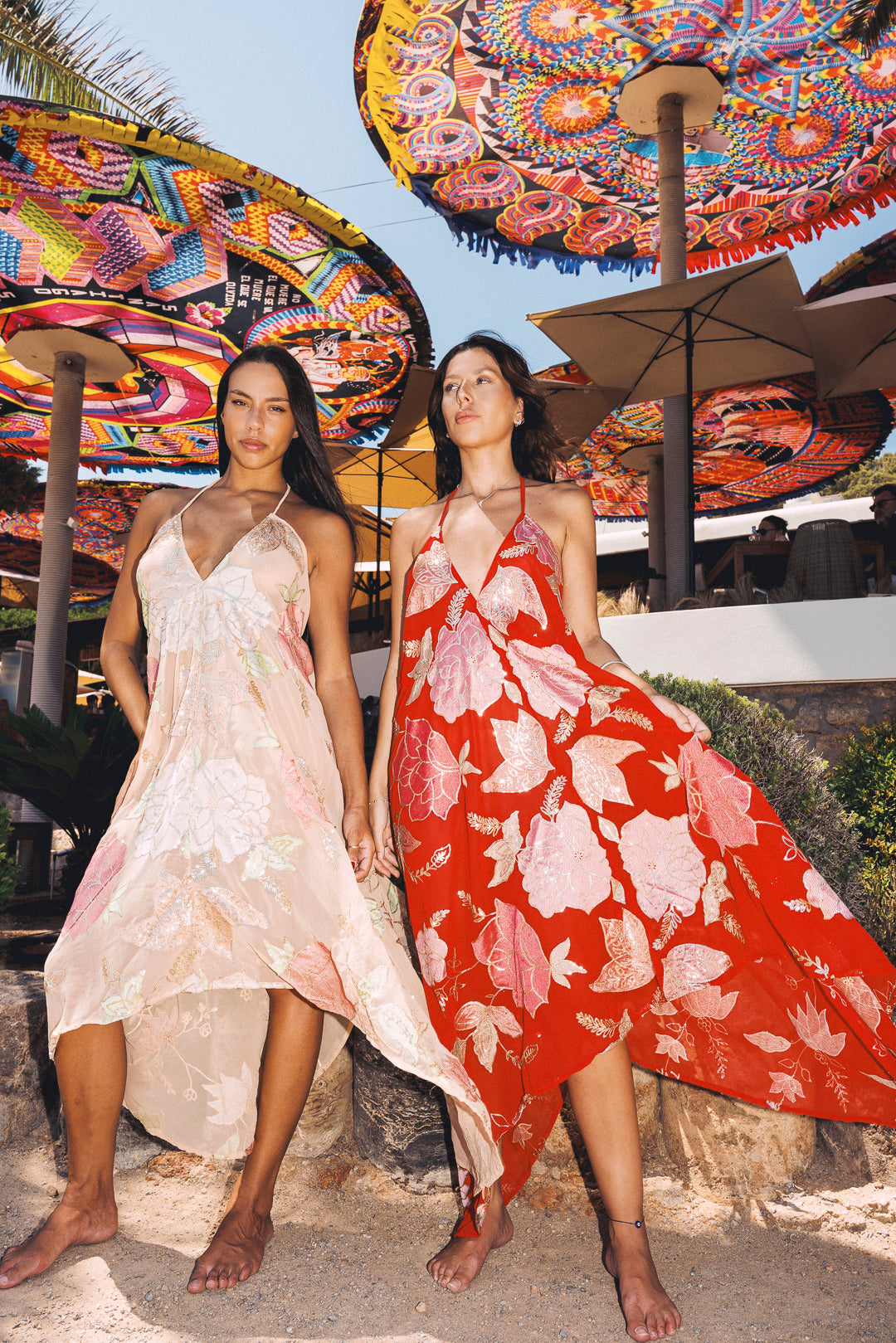 Scarlet Red Ariella Halter Neck Dress: Embroidered Floral Sequin Summer Maxi – Lightweight One Size