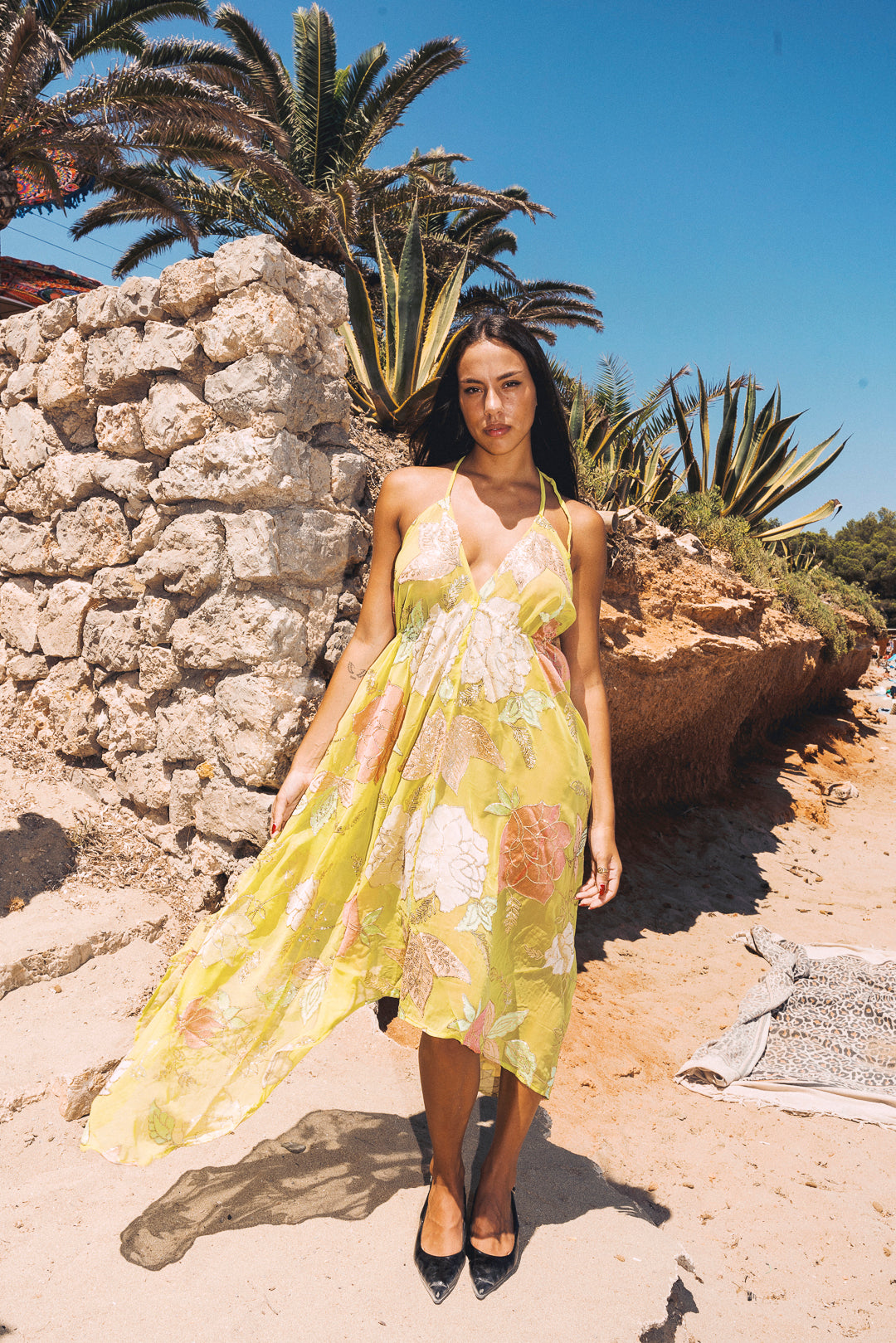 Lime Green Ariella Halter Neck Dress: Embroidered Floral Sequin Summer Maxi – Lightweight One Size