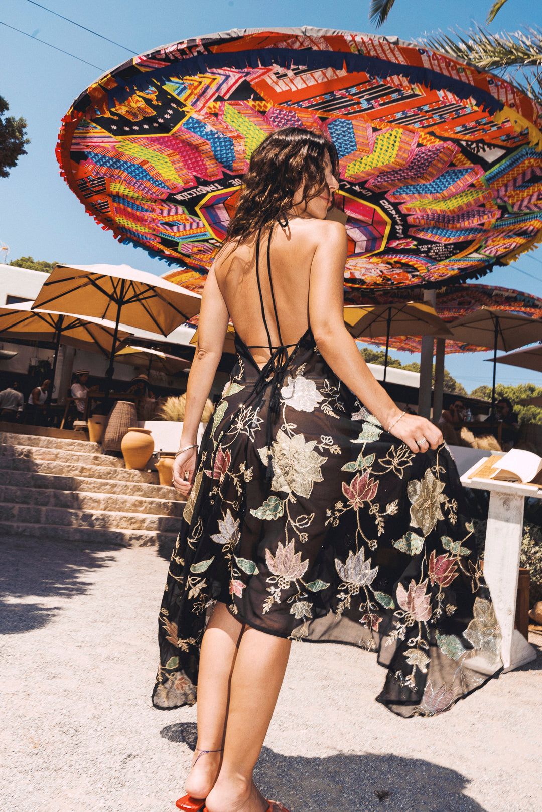 Black Ariella Halter Neck Dress: Embroidered Floral Sequin Summer Maxi – Lightweight One Size