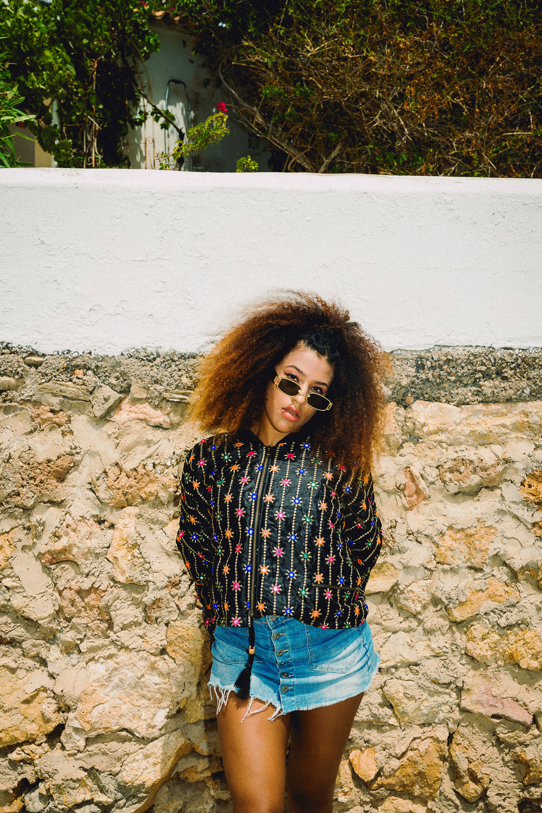 DION Embroidered Cropped Bomber Jacket – Black Multi