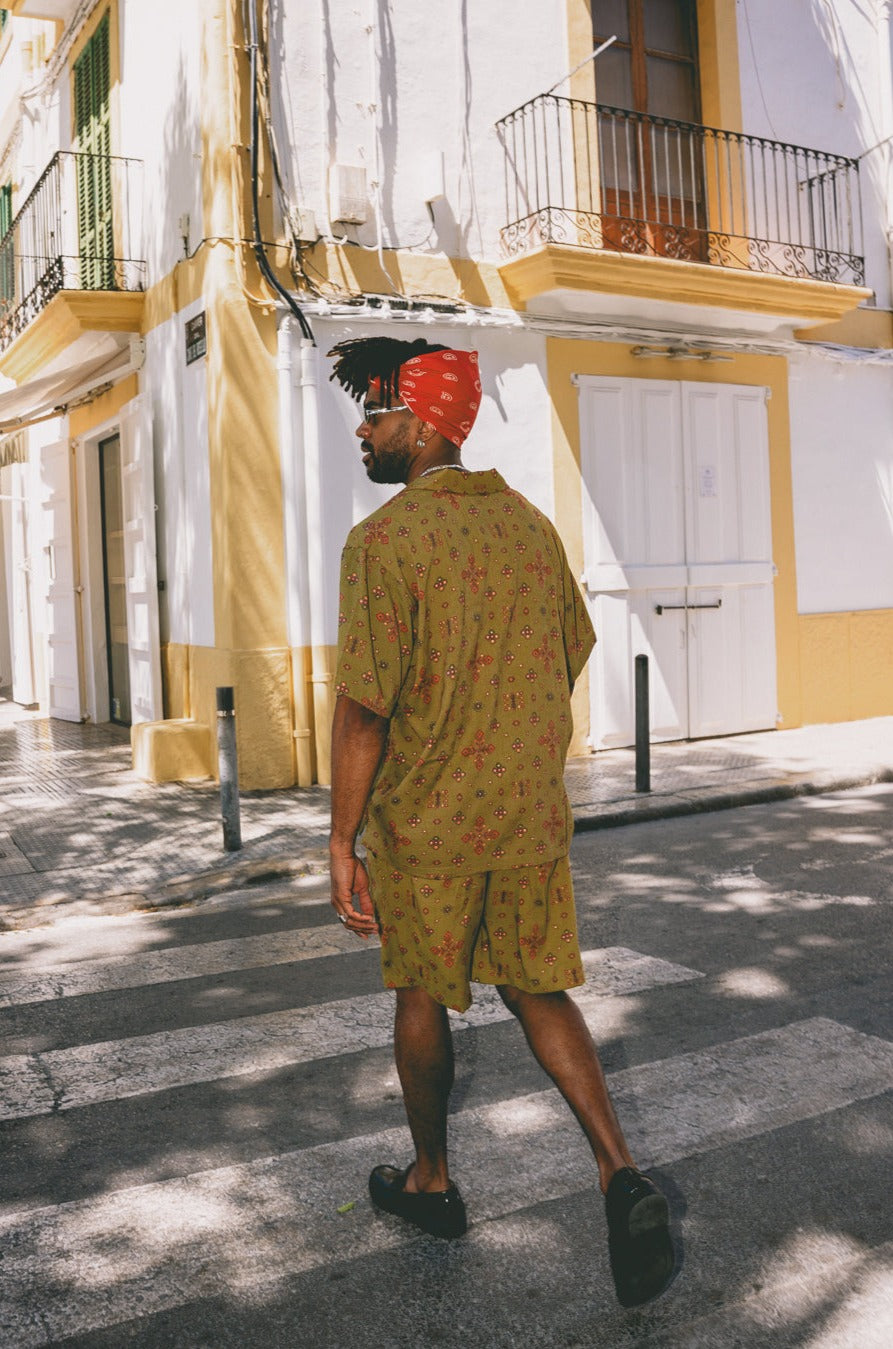 Mens Shorts Green with gold Batik block print