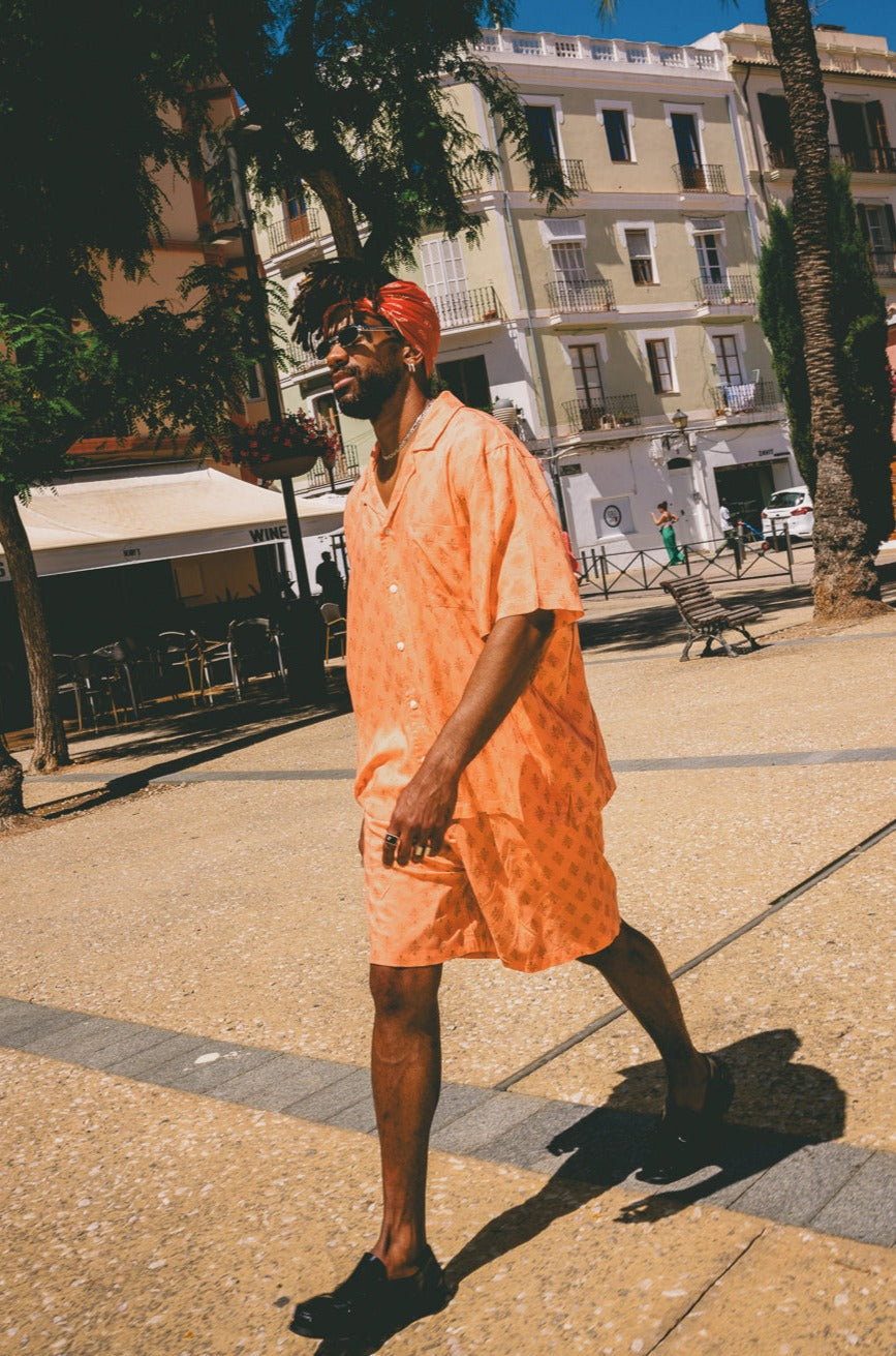 Mens Shorts Peach with gold Batik block print