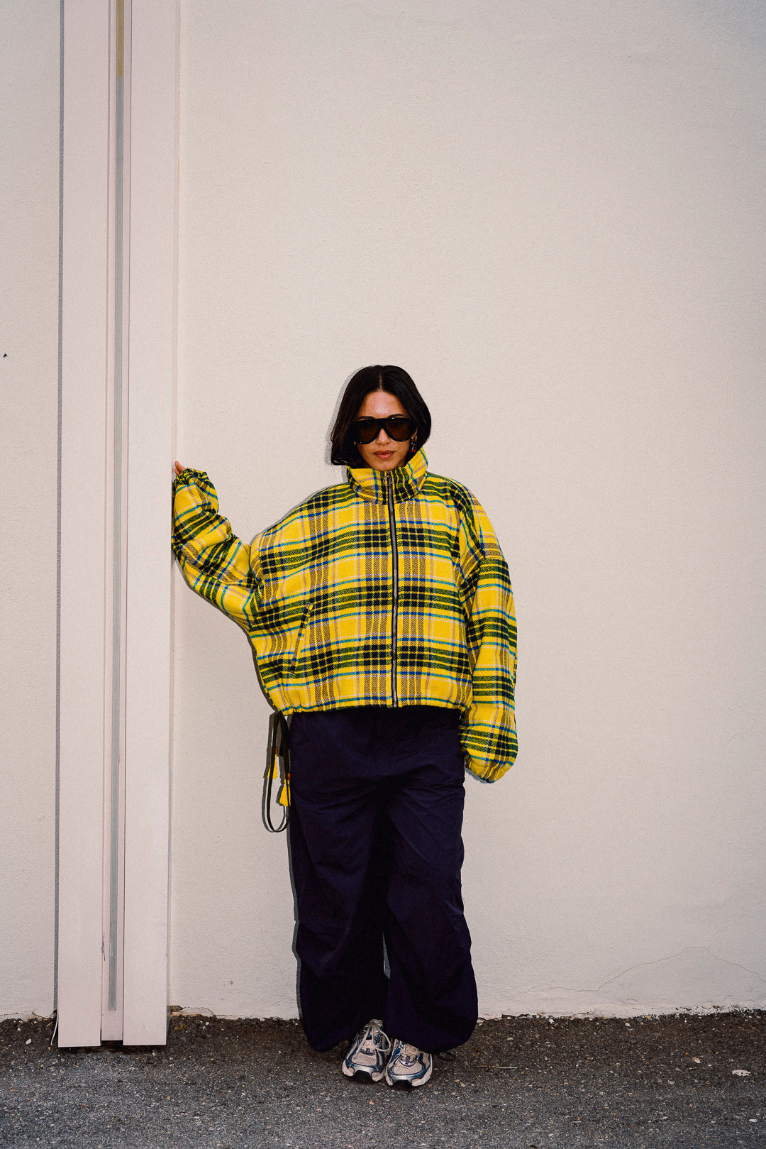 STOOP yellow tartan oversized fleece jacket full length front view