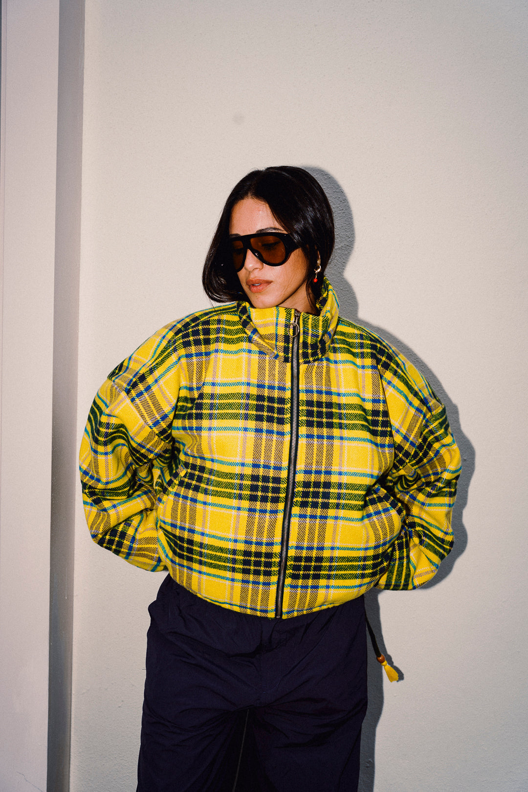 STOOP yellow tartan fleece jacket front detail and funnel neck