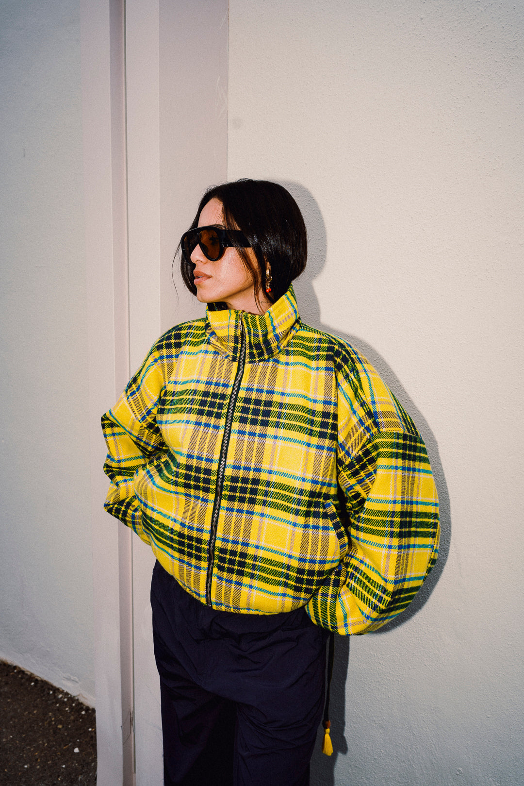 STOOP yellow check fleece jacket side view
