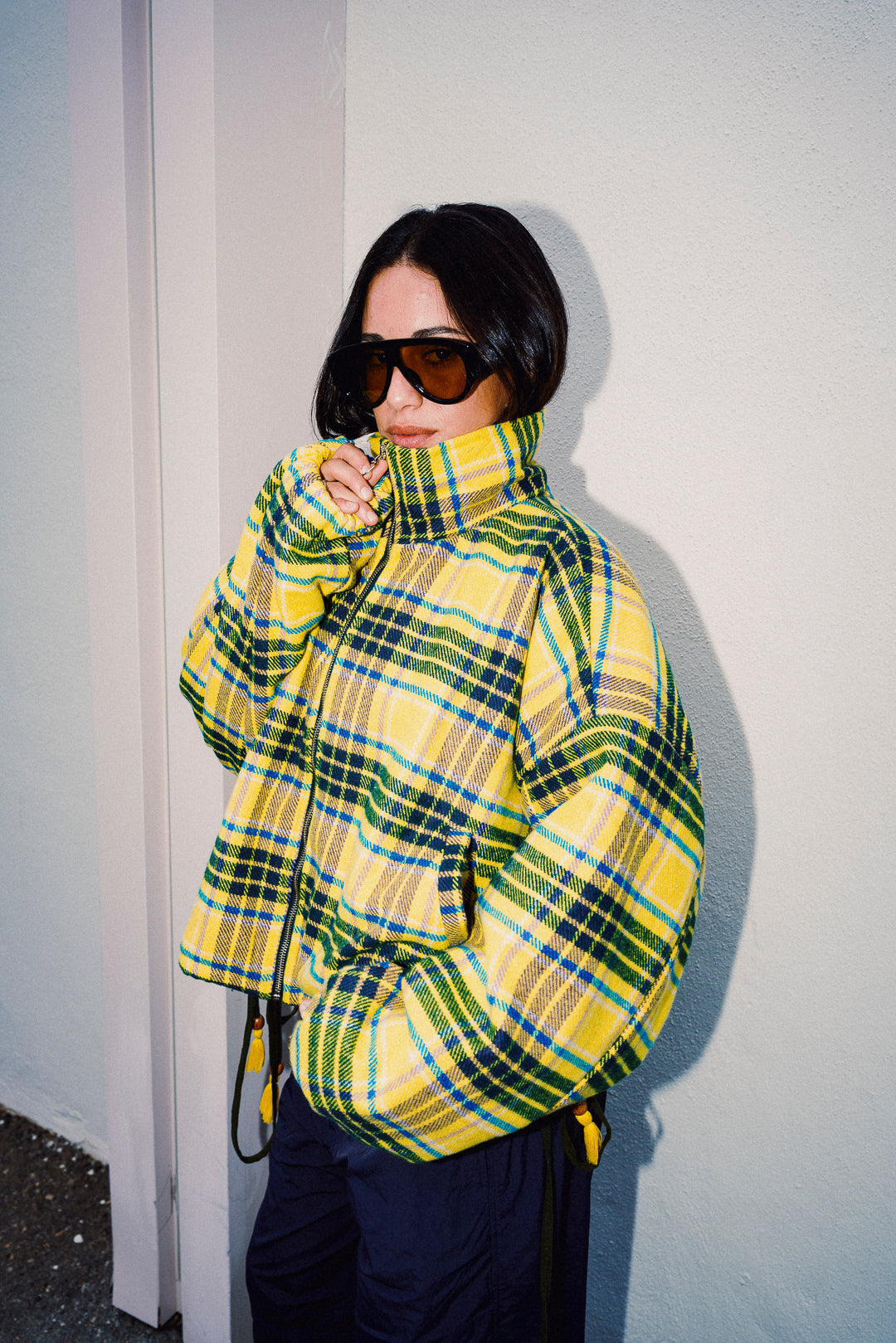 Oversized yellow plaid fleece jacket with high collar