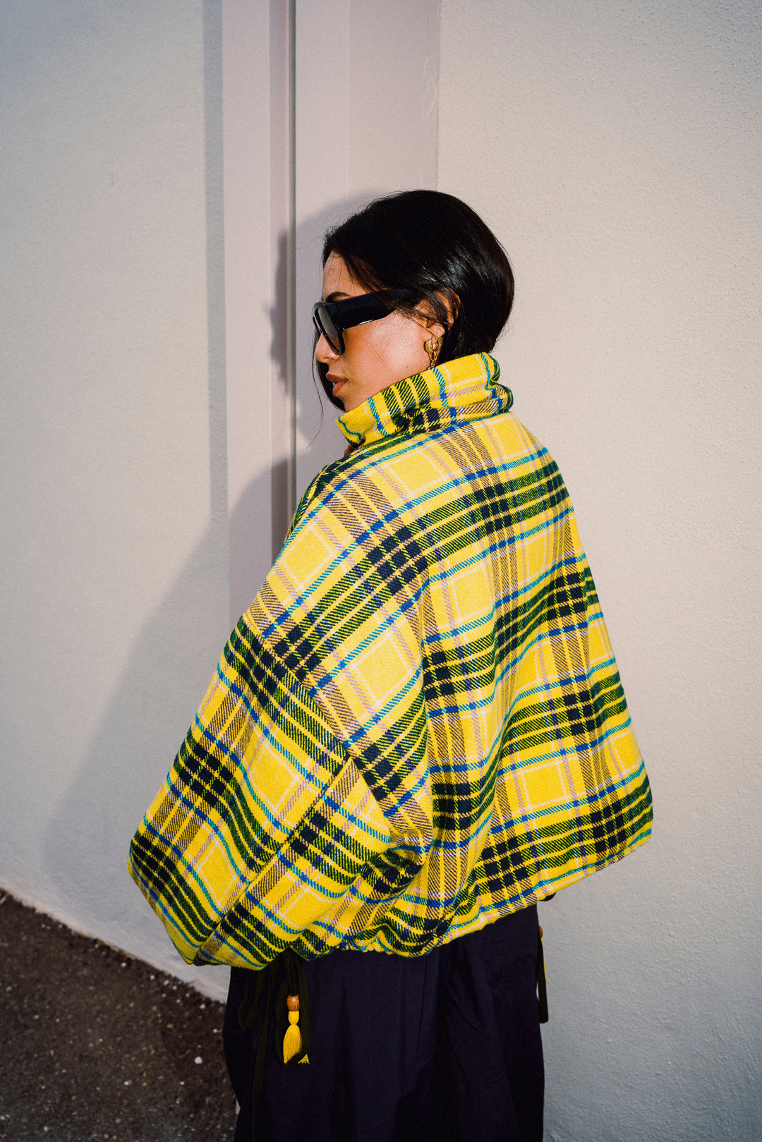 Back view of STOOP oversized yellow tartan fleece jacket