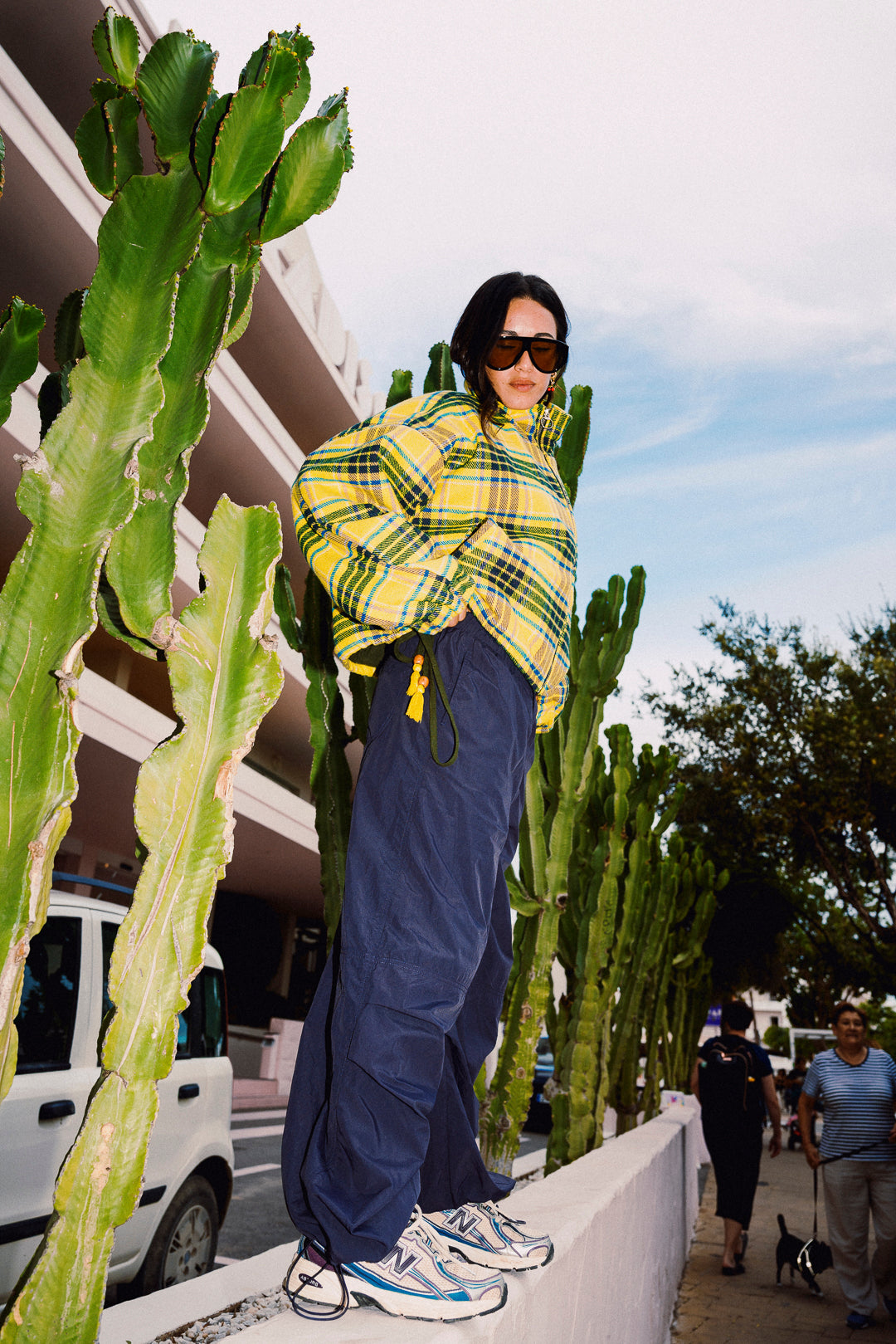 STOOP yellow tartan fleece jacket low angle outdoor styling