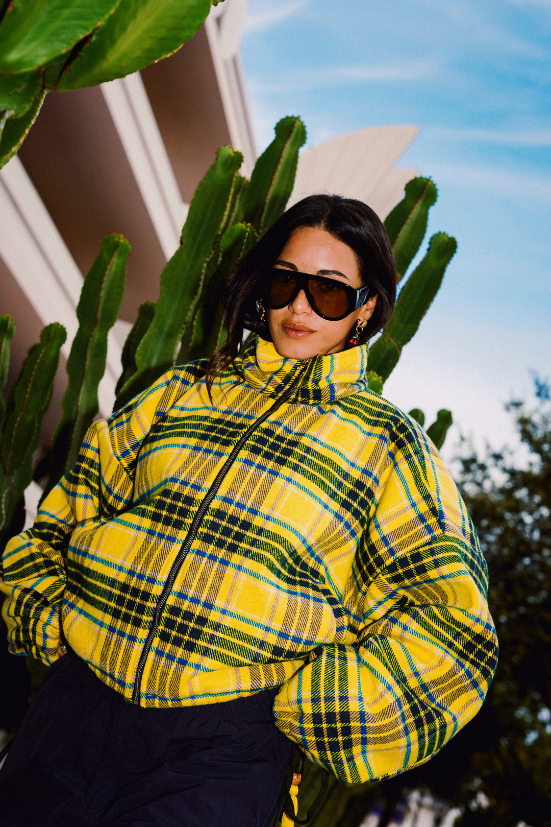 STOOP yellow check fleece jacket full length front view