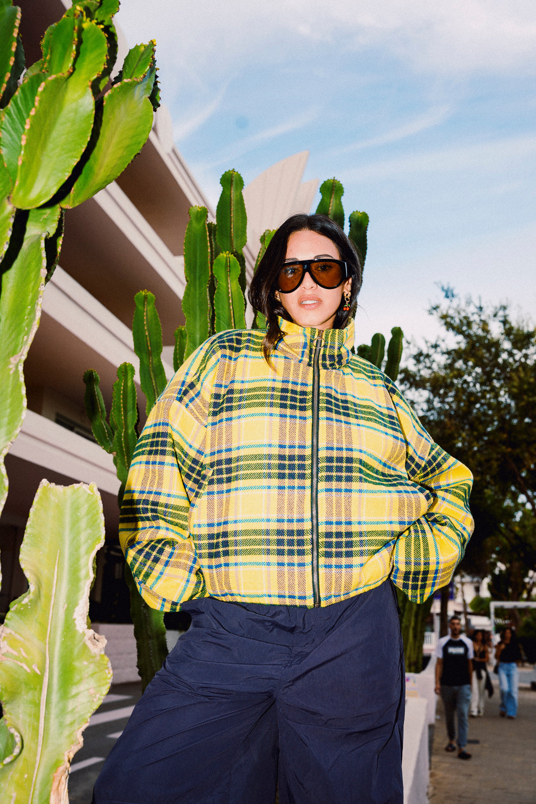 STOOP yellow tartan oversized fleece jacket outdoor portrait