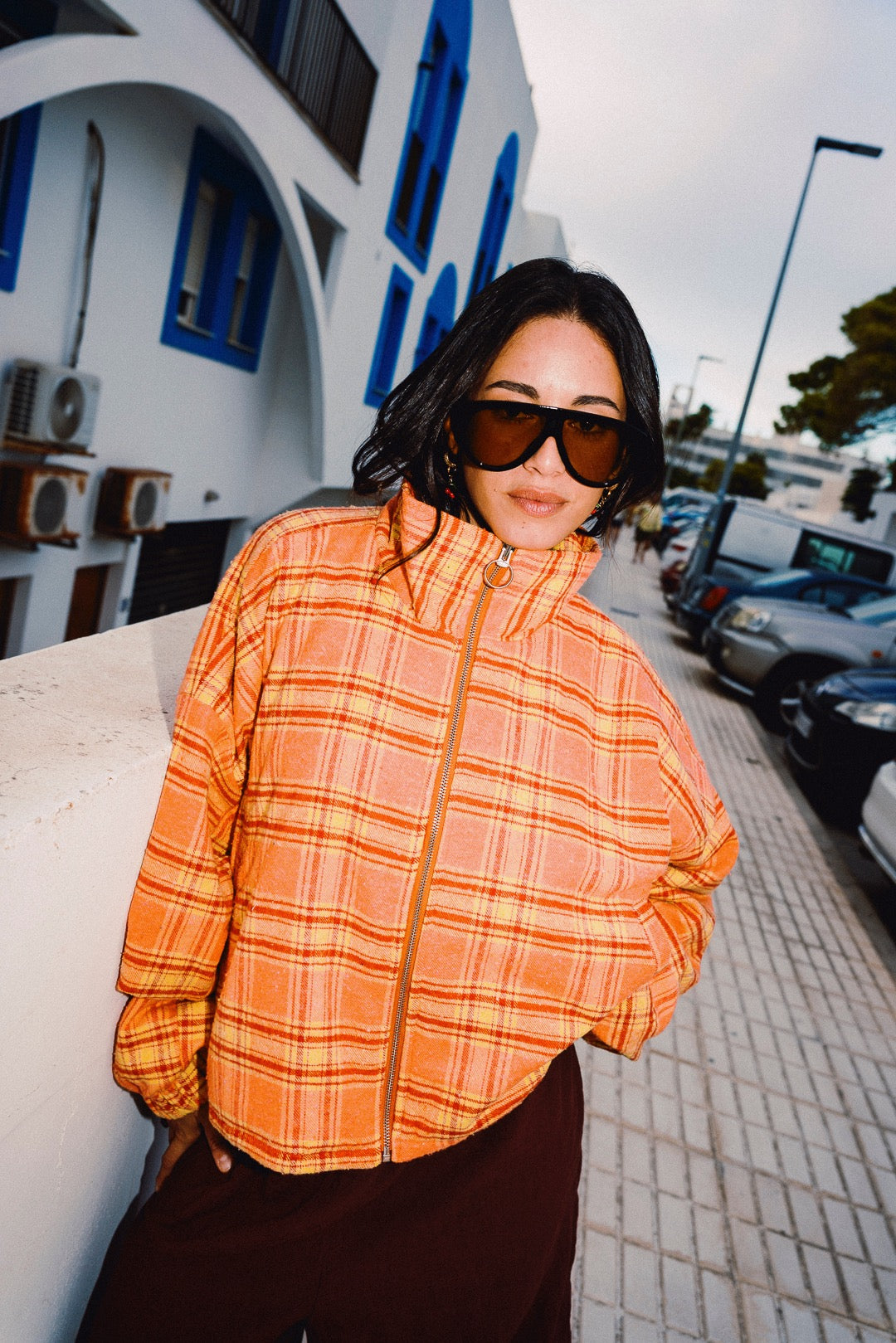 STOOP orange tartan oversized fleece jacket front close-up