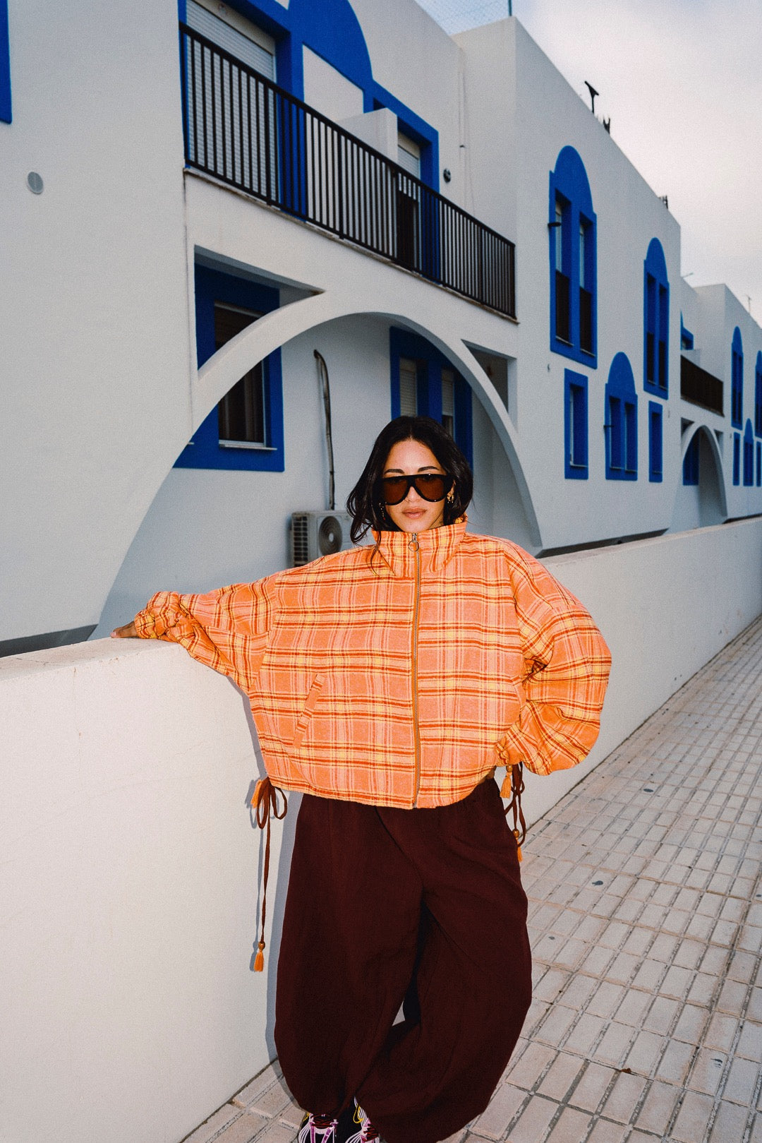 STOOP orange tartan oversized fleece jacket full-length front view