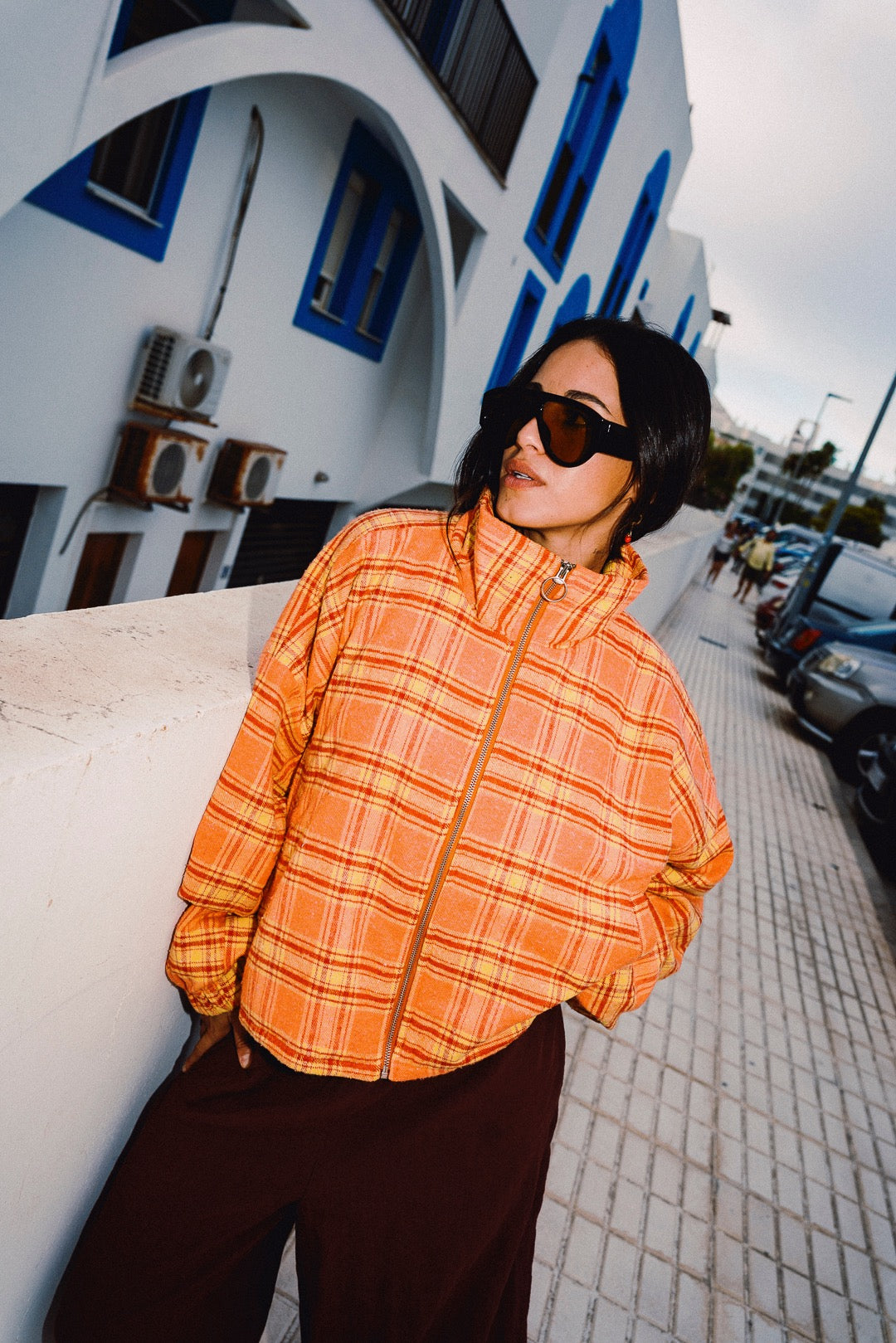STOOP orange checked fleece jacket front portrait view