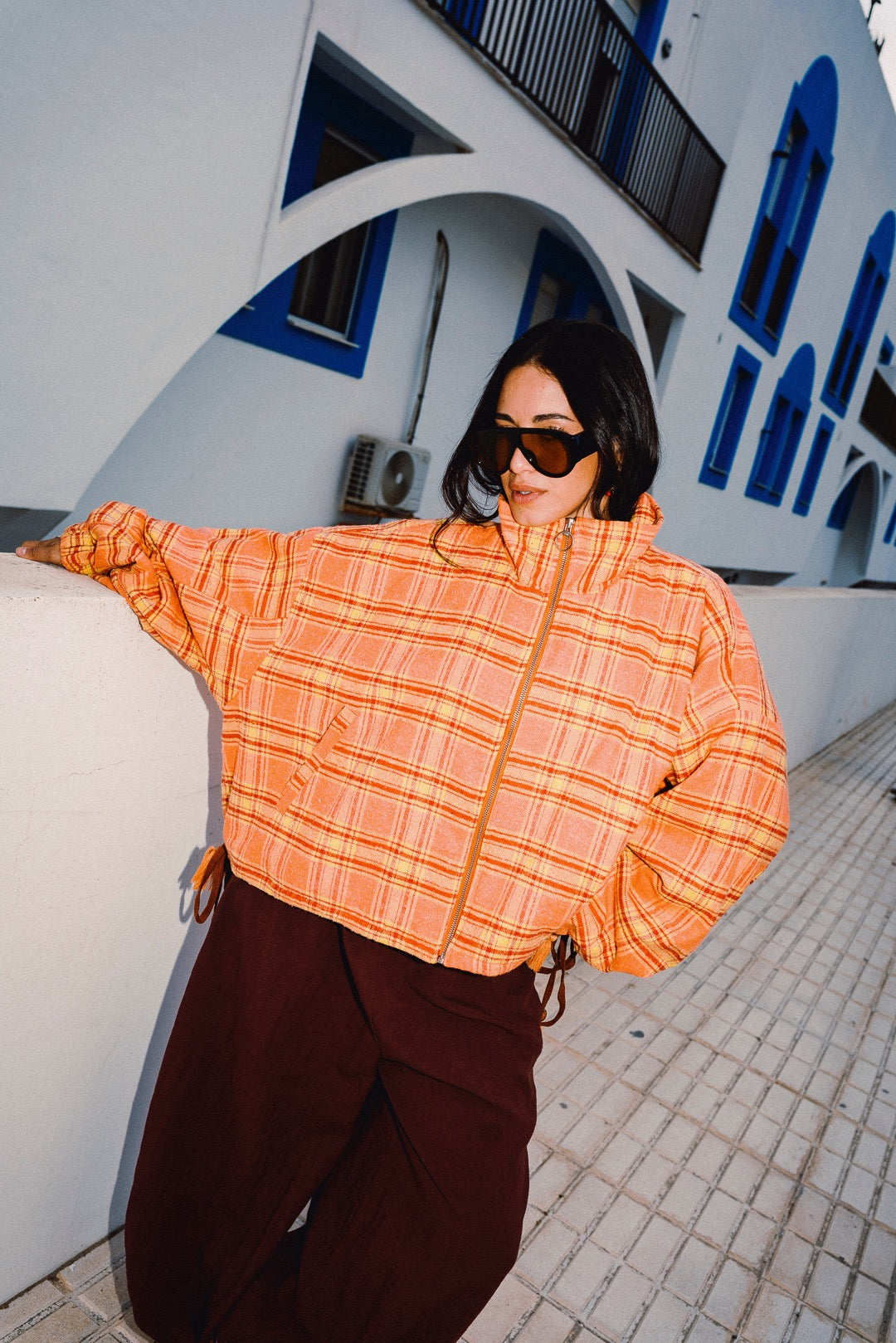 STOOP orange tartan oversized fleece jacket with wide sleeves