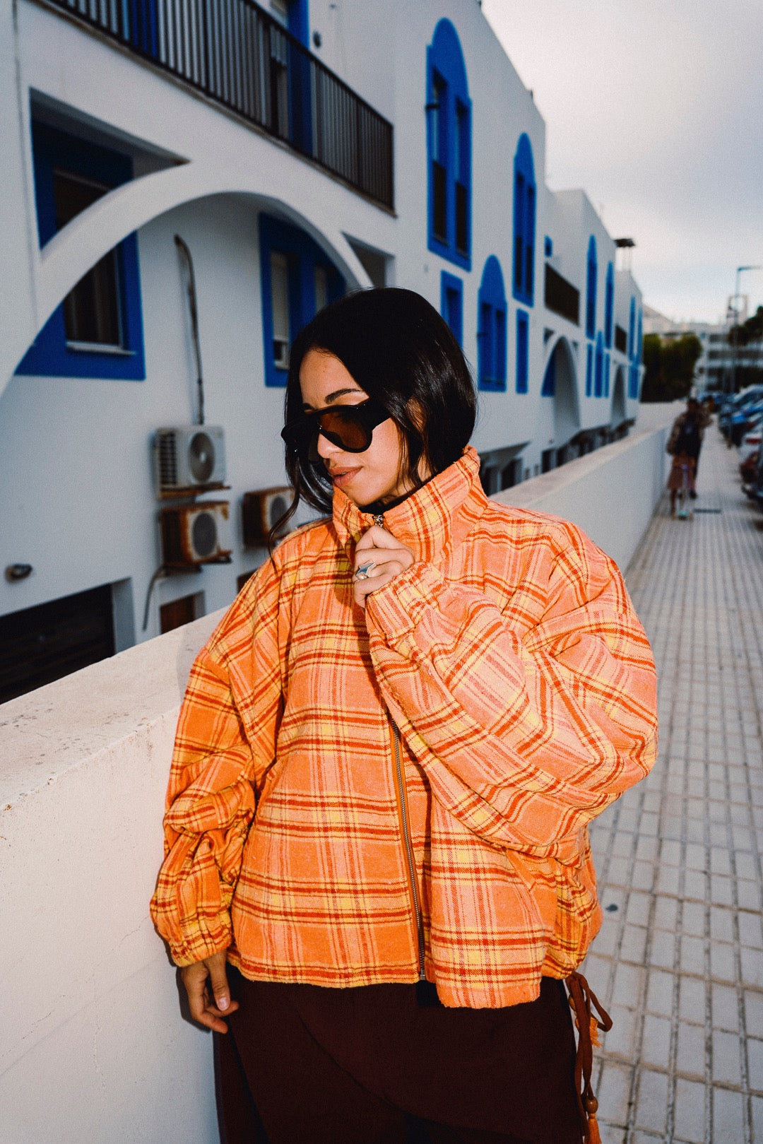 STOOP orange tartan fleece jacket zip collar detail