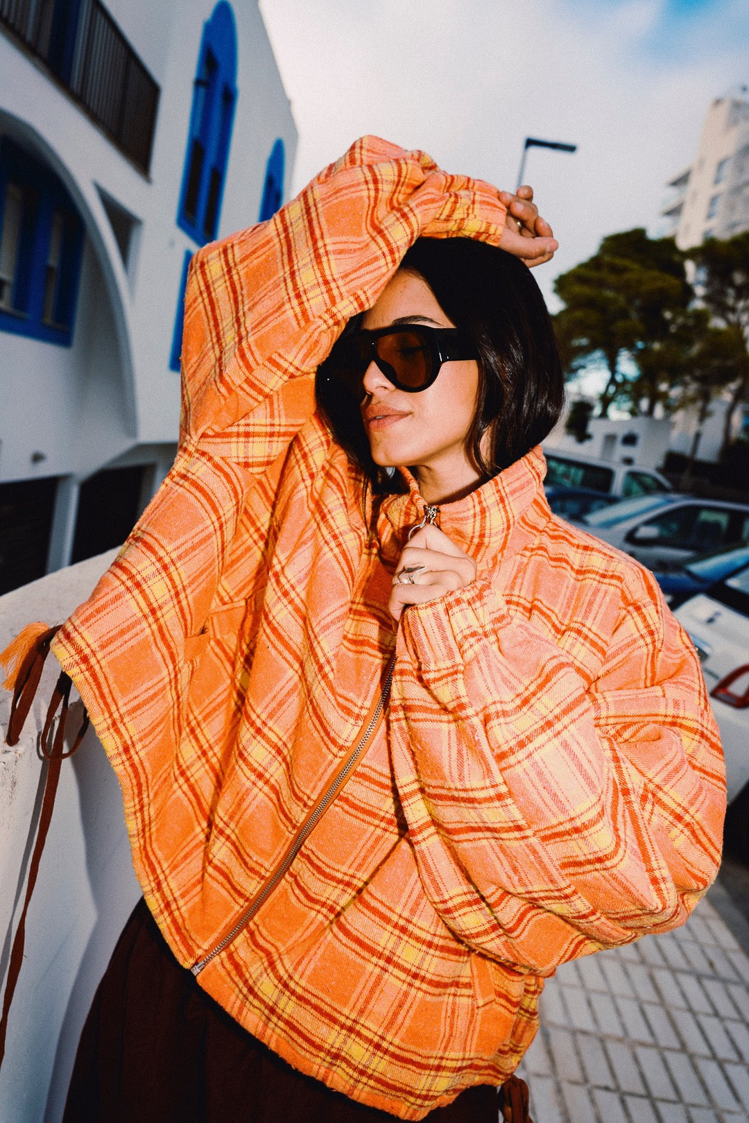 STOOP orange tartan fleece jacket oversized sleeve detail