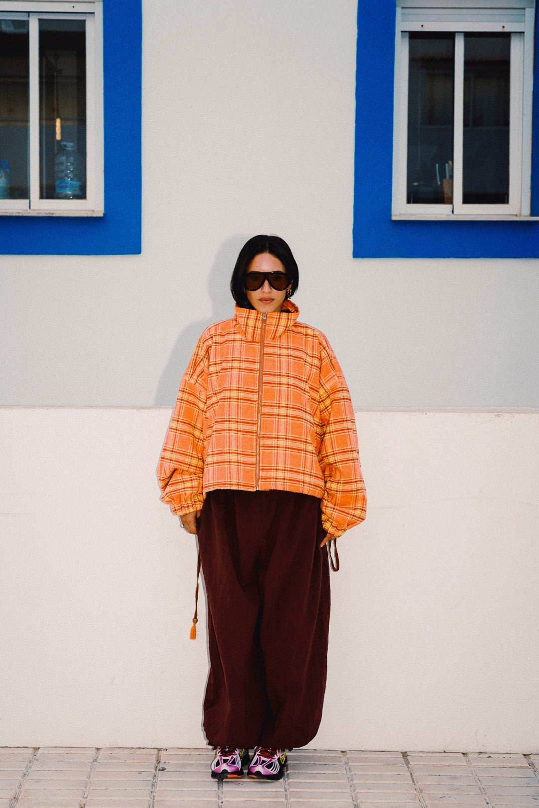 STOOP orange tartan oversized fleece jacket full-length styling