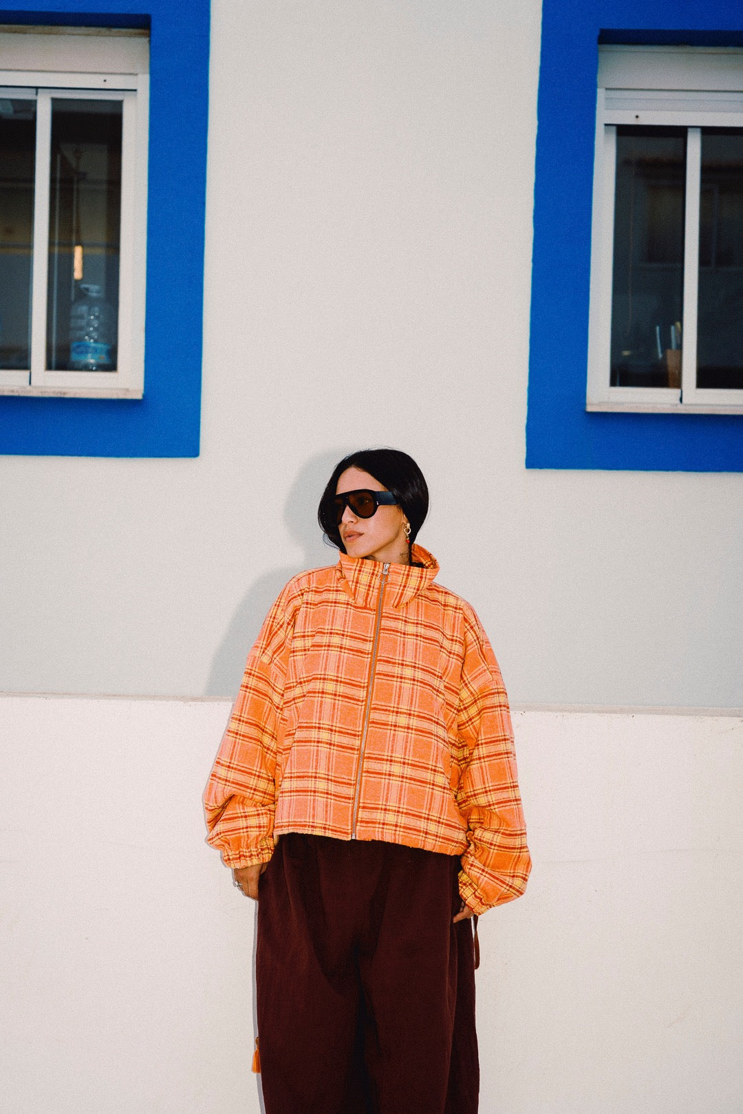 STOOP orange tartan oversized fleece jacket front full-length view