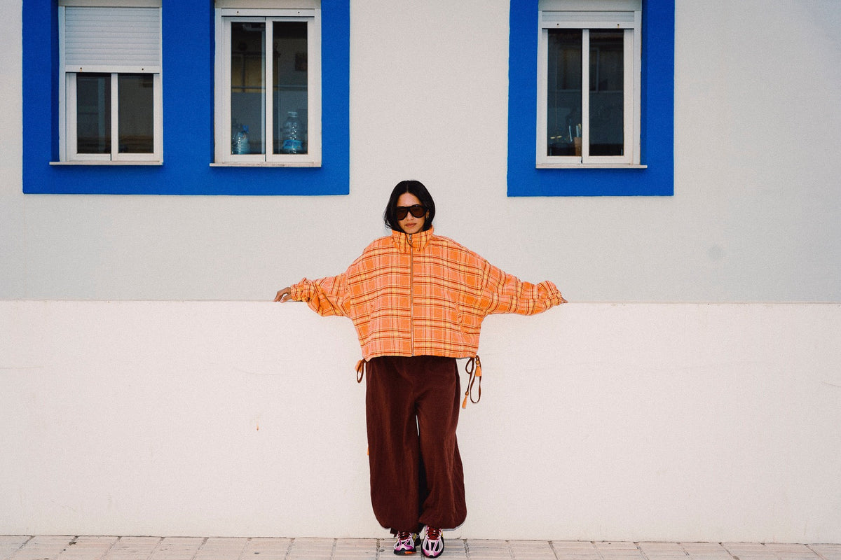 STOOP orange tartan oversized fleece jacket arms-out front view