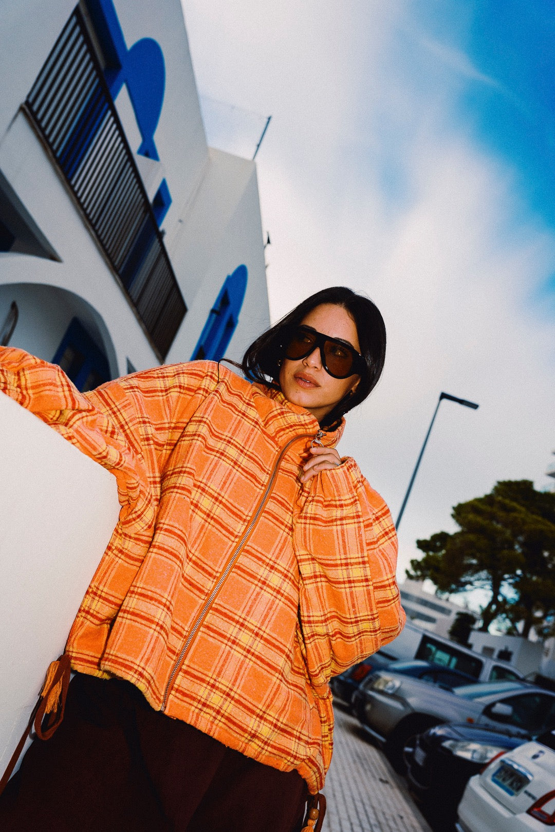 STOOP orange tartan fleece jacket outdoor close-up with high collar