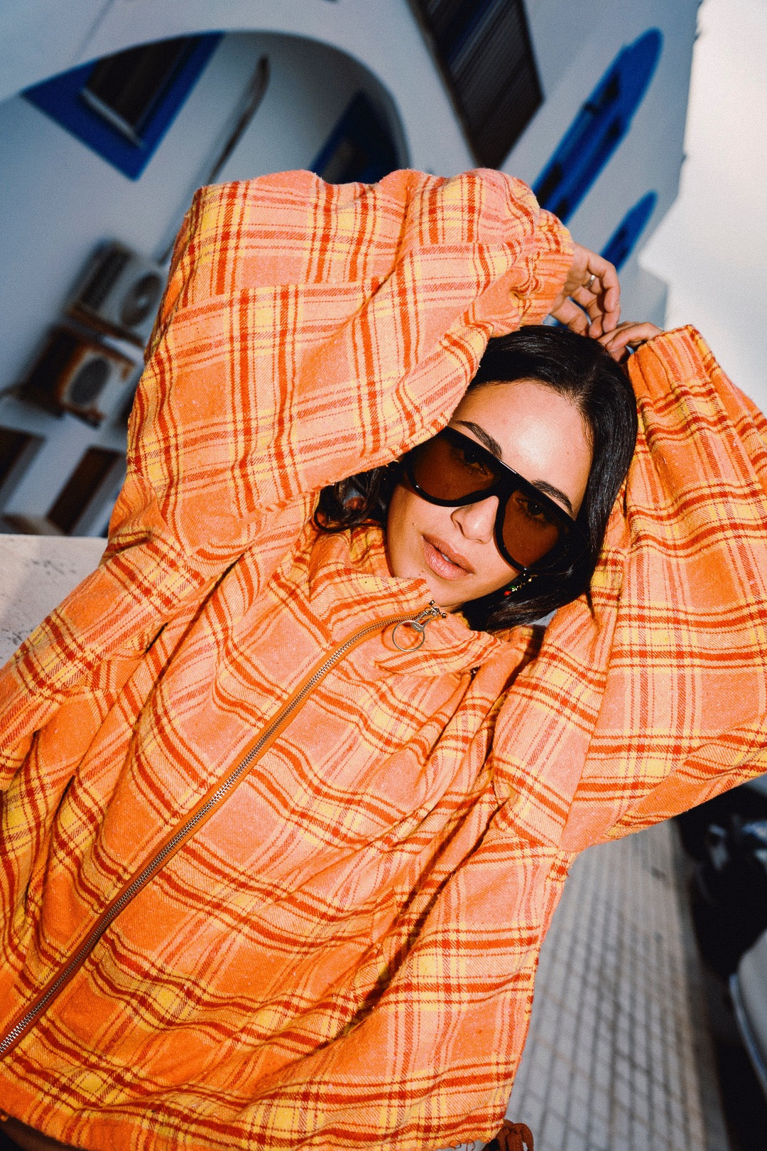 STOOP orange tartan oversized fleece jacket raised-arm detail