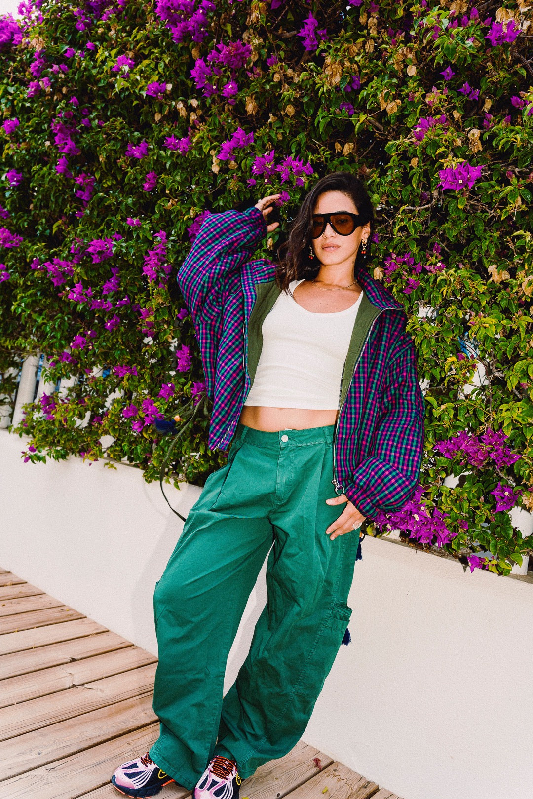 STOOP pink and navy checked oversized bomber jacket, styled with green trousers, view 12