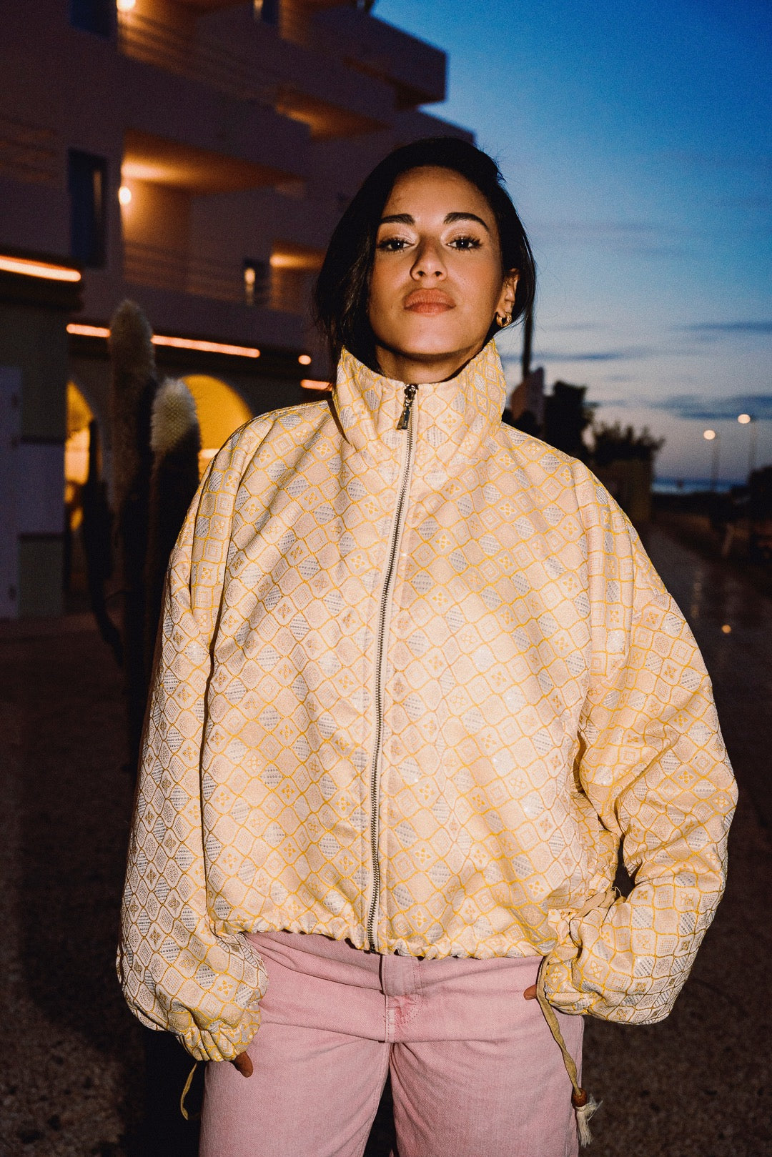 STOOP butter yellow and cream embroidered oversized bomber jacket, front view zipped up