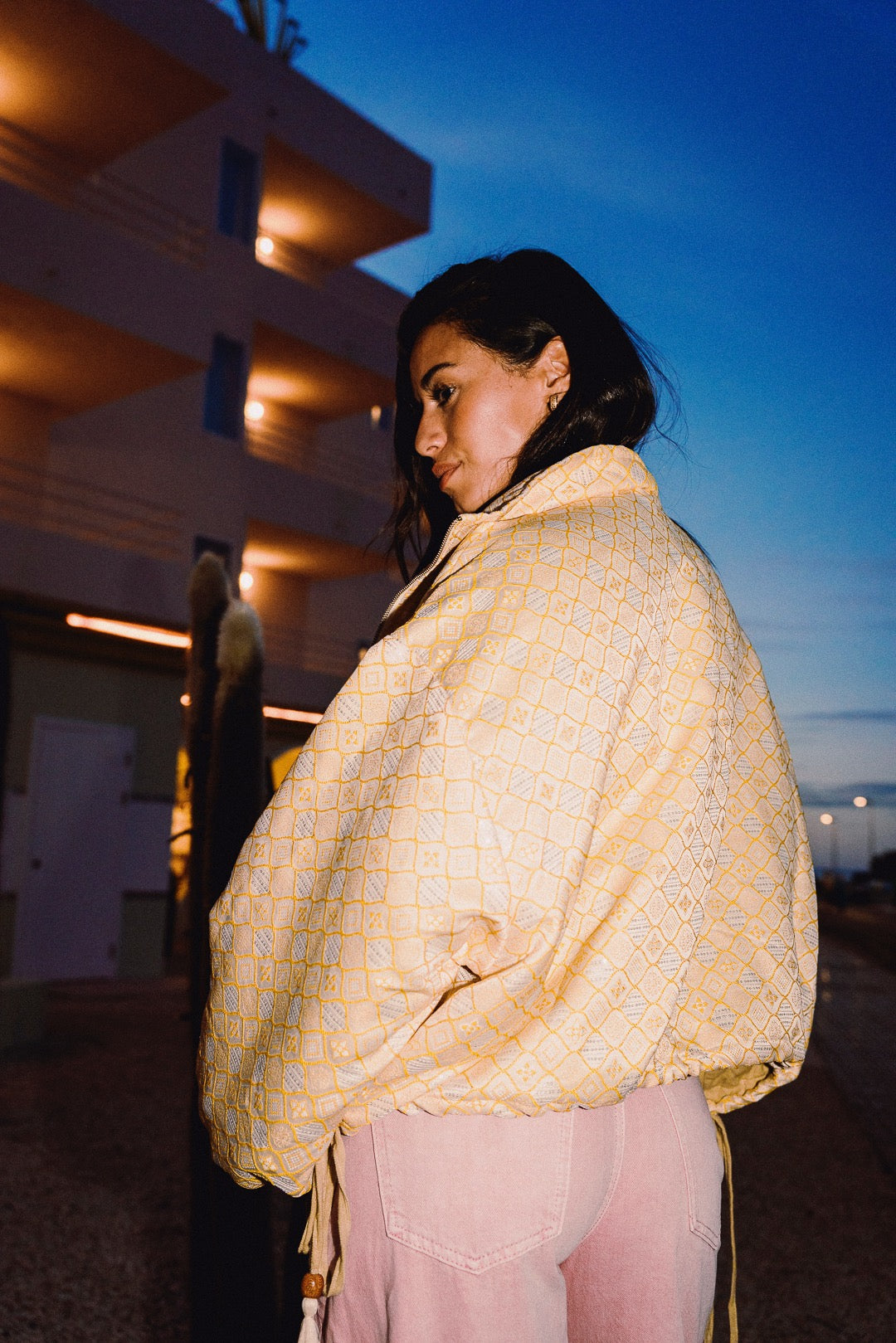 STOOP butter yellow and cream embroidered oversized bomber jacket, side and back silhouette