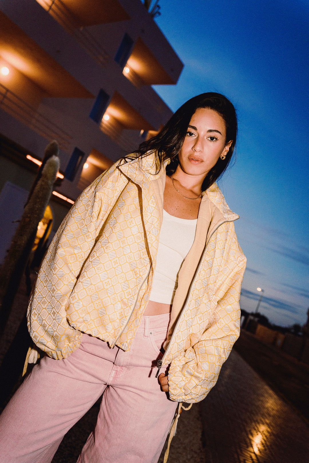 STOOP butter yellow and cream embroidered oversized bomber jacket, front view worn open