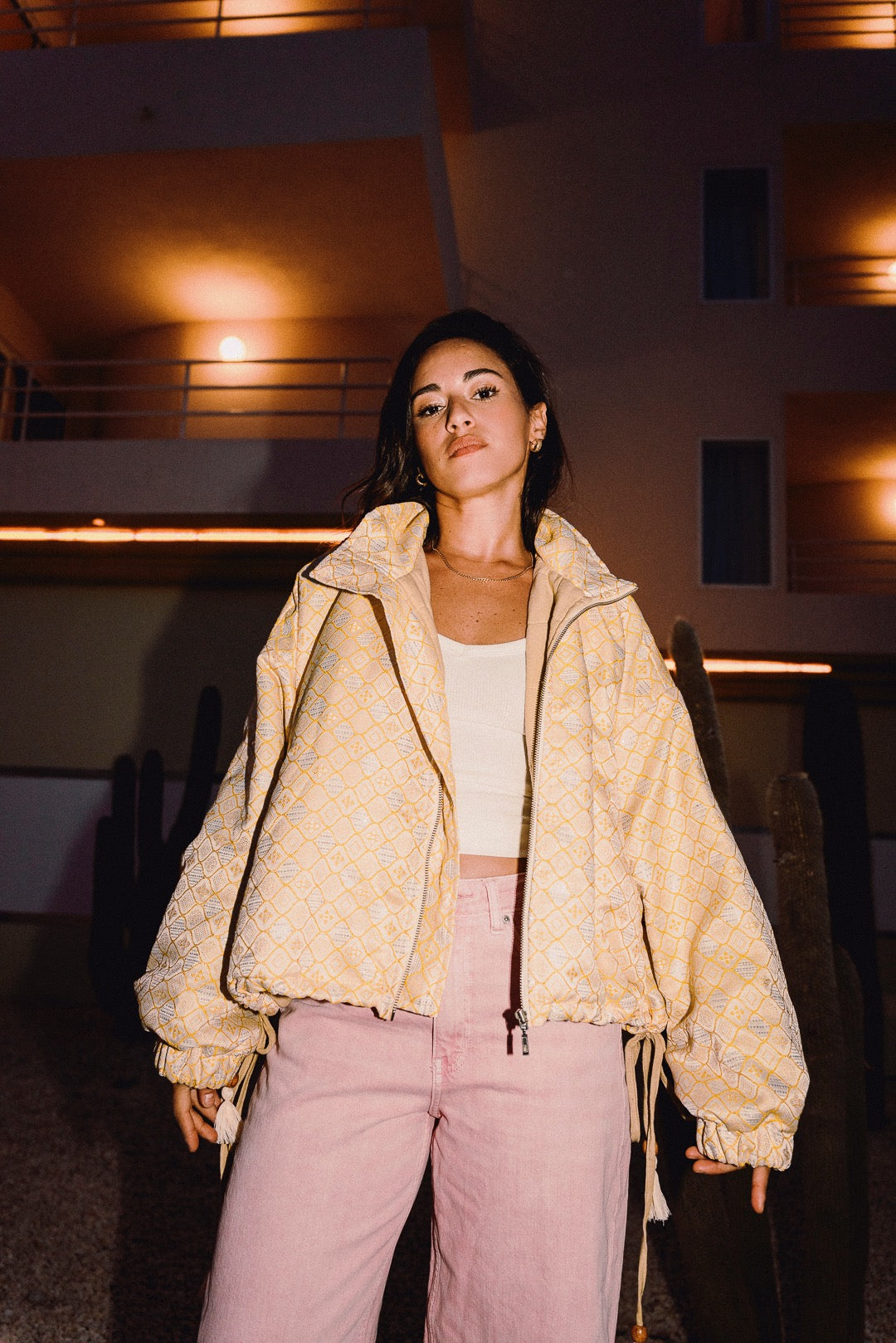 STOOP butter yellow and cream embroidered oversized bomber jacket, front view with collar open