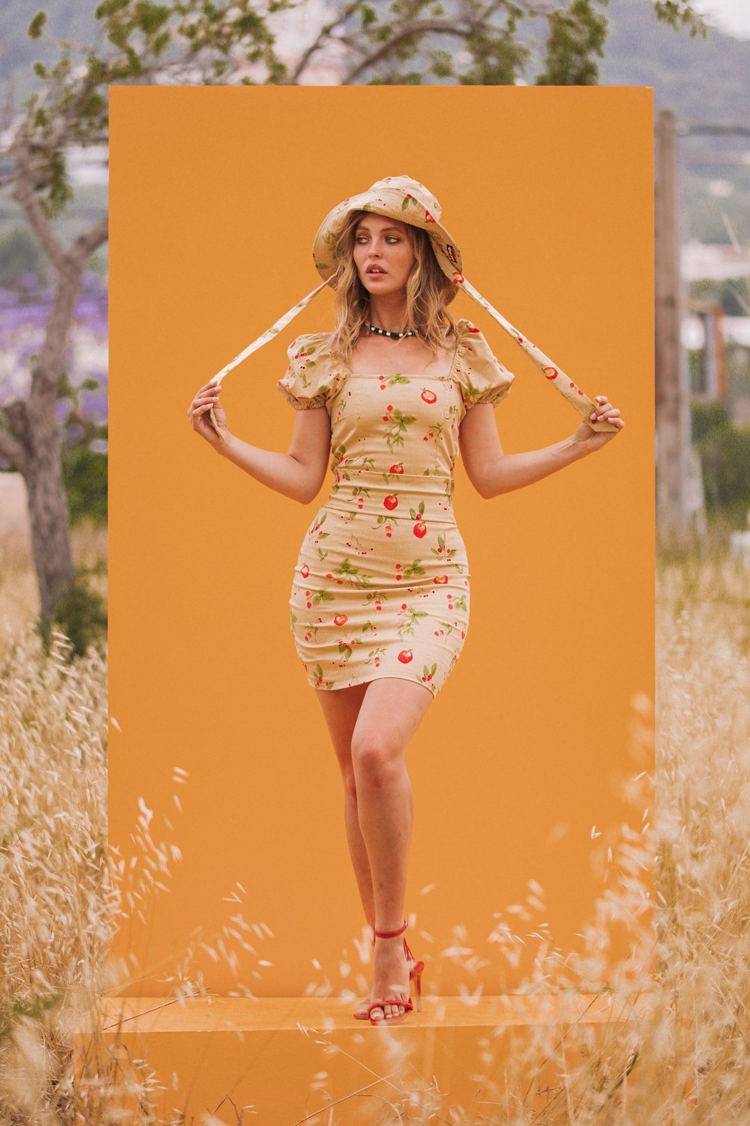 CARLA Cream Cherry Print Mini Dress