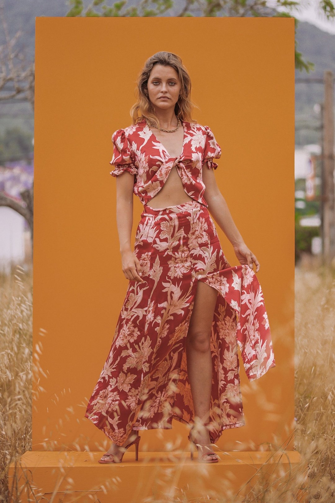 ROBERTA Deep Red Twisted Satin Crop Top
