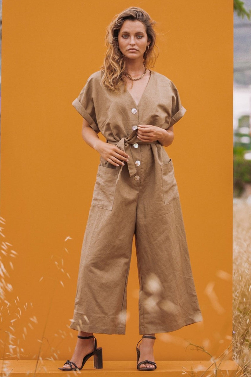 LORI Linen Khaki Green Button front Jumpsuit