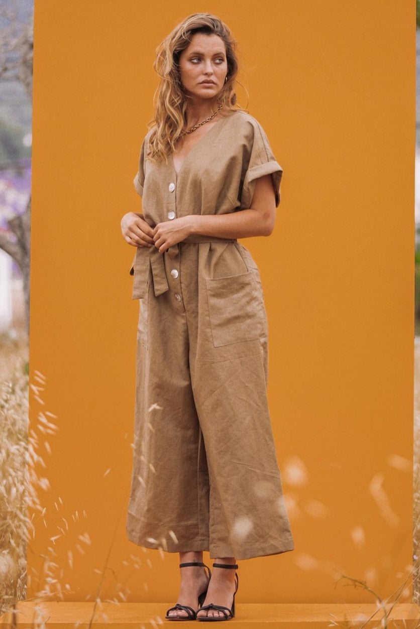 LORI Linen Khaki Green Button front Jumpsuit