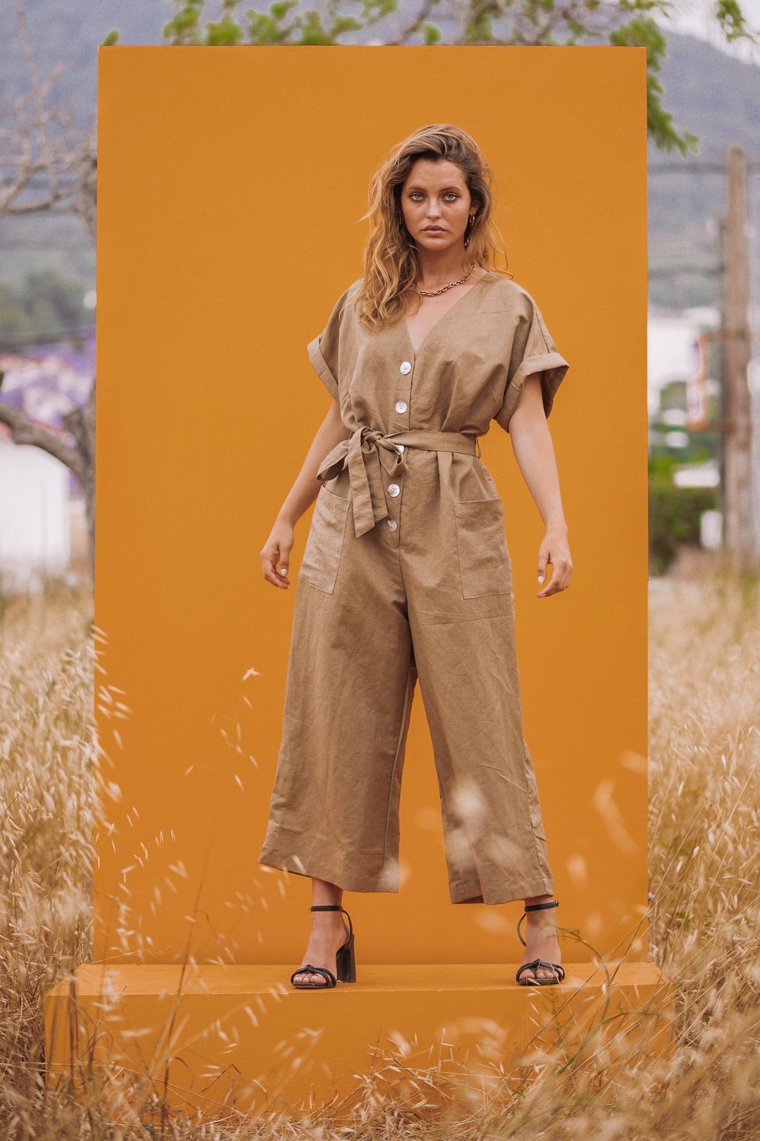 LORI Linen Khaki Green Button front Jumpsuit