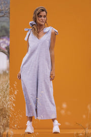 KIRI cotton Womens White/Blue pin stripe tie jumpsuit