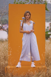 KIRI cotton Womens White/Blue pin stripe tie jumpsuit