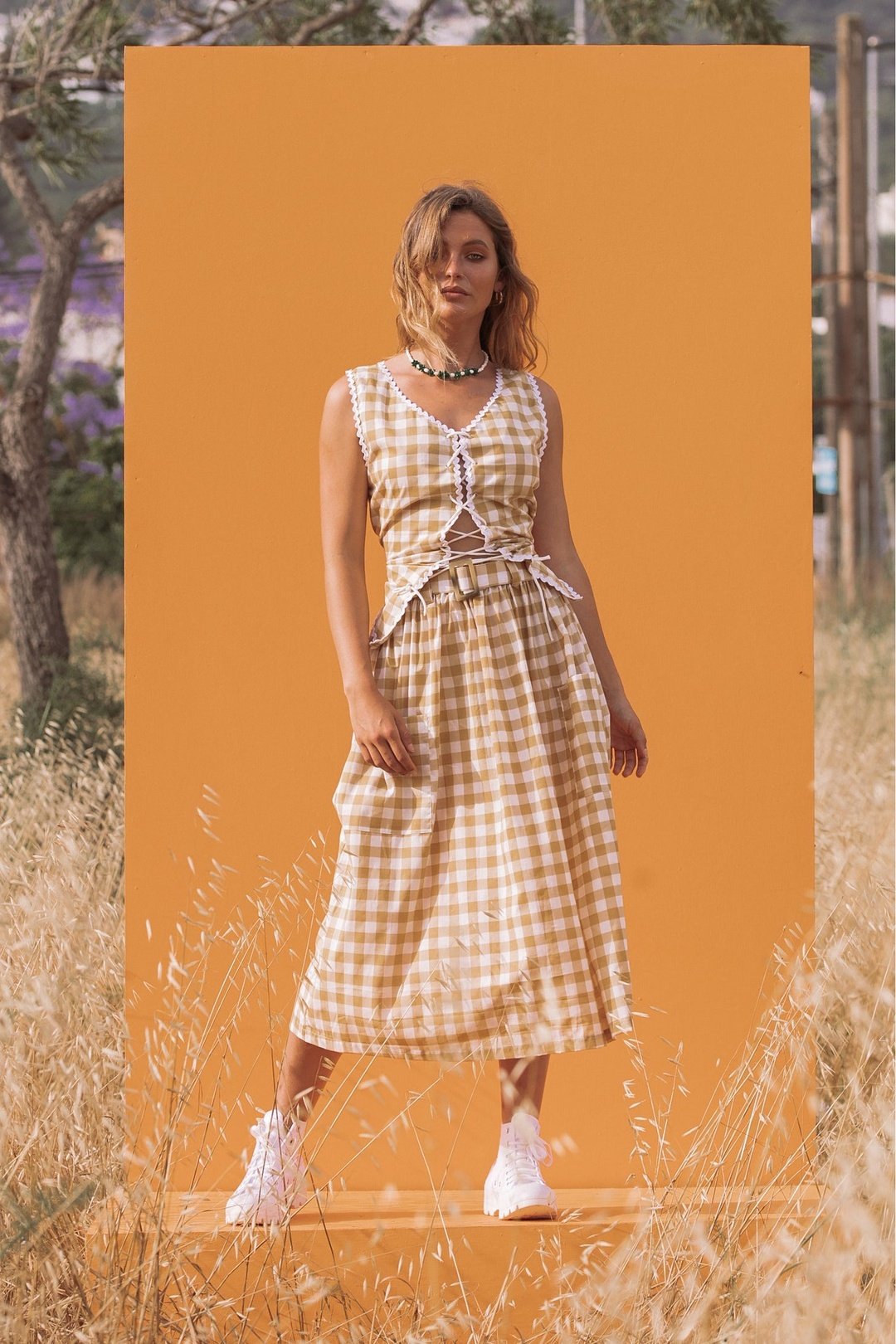 Mustard clearance gingham skirt