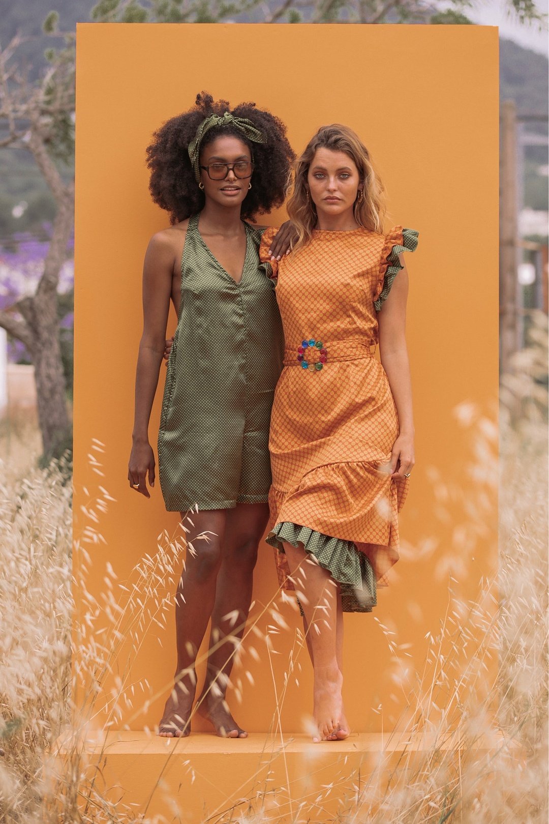 CECILIA Orange Spanish Dress with Green Thrill Sleeves