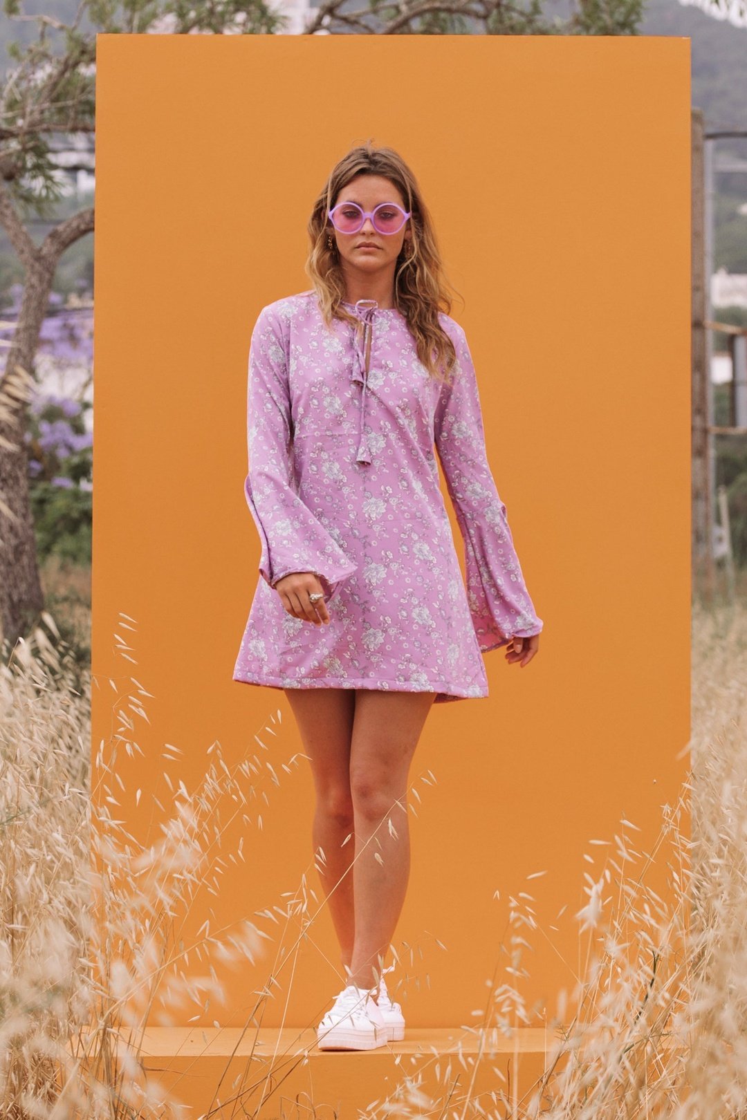ALETA Bell Sleeve Lavender Mini Dress