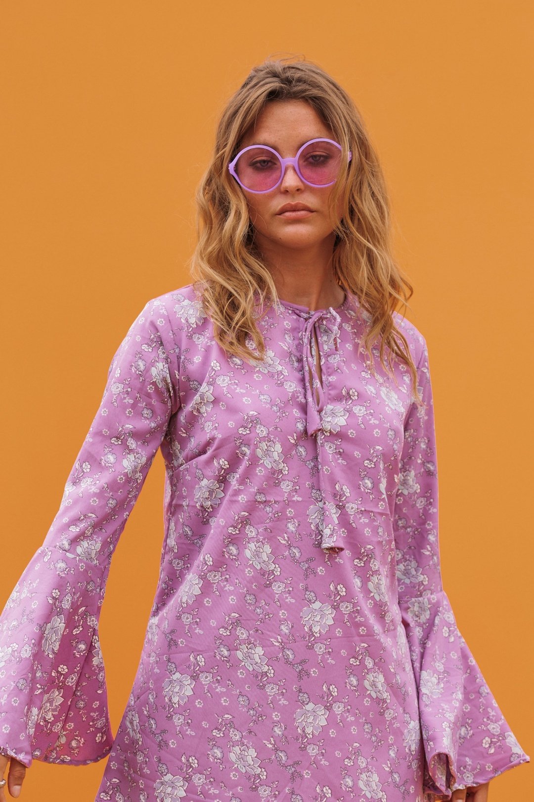 ALETA Bell Sleeve Lavender Mini Dress