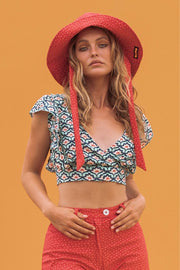 ZOE Blue and Red Tile Print Crop Top